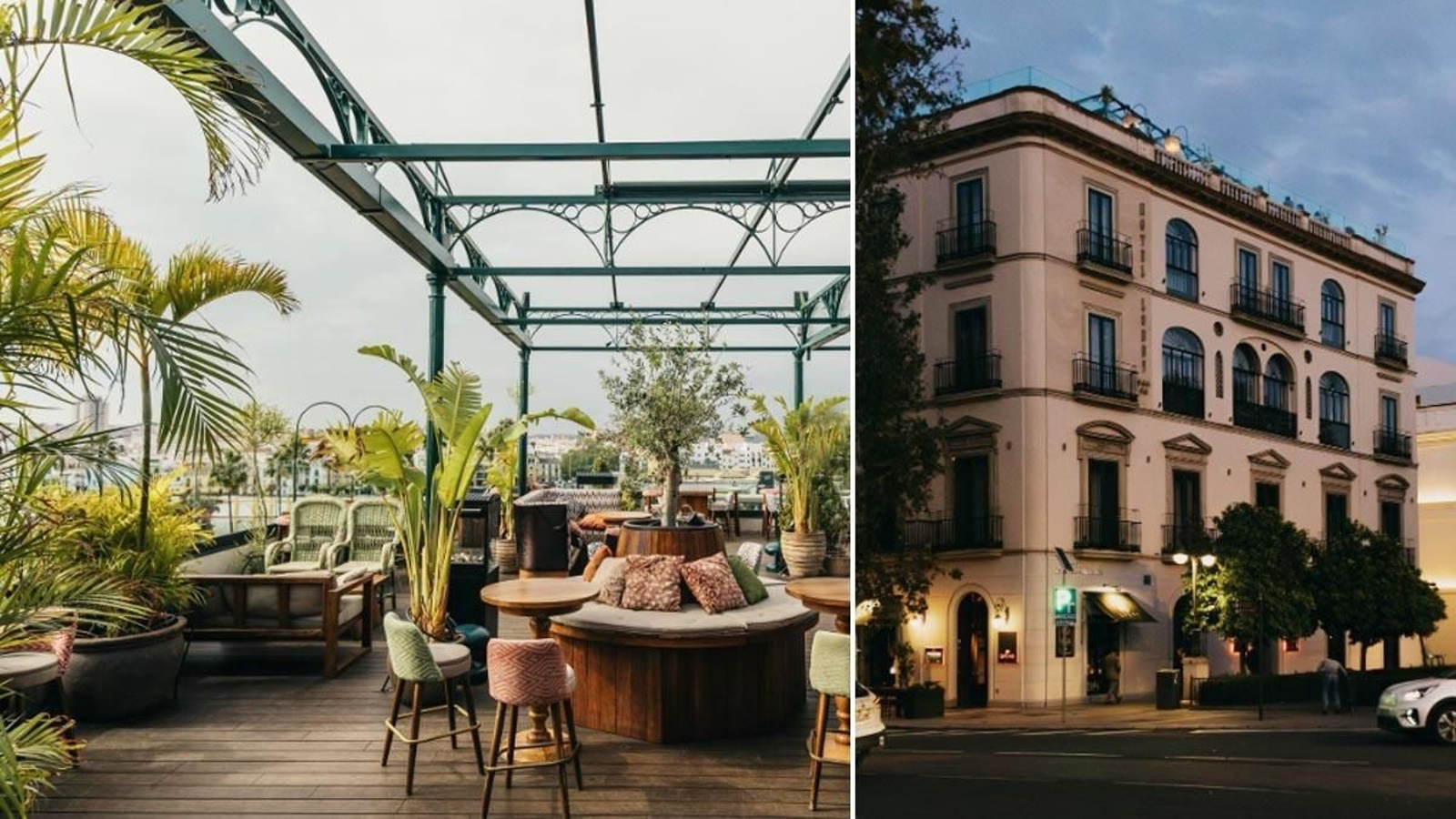 A la izquierda,  detalles de la terraza Ático Lobby. A la derecha, edificio en el que se encuentra el negocio..