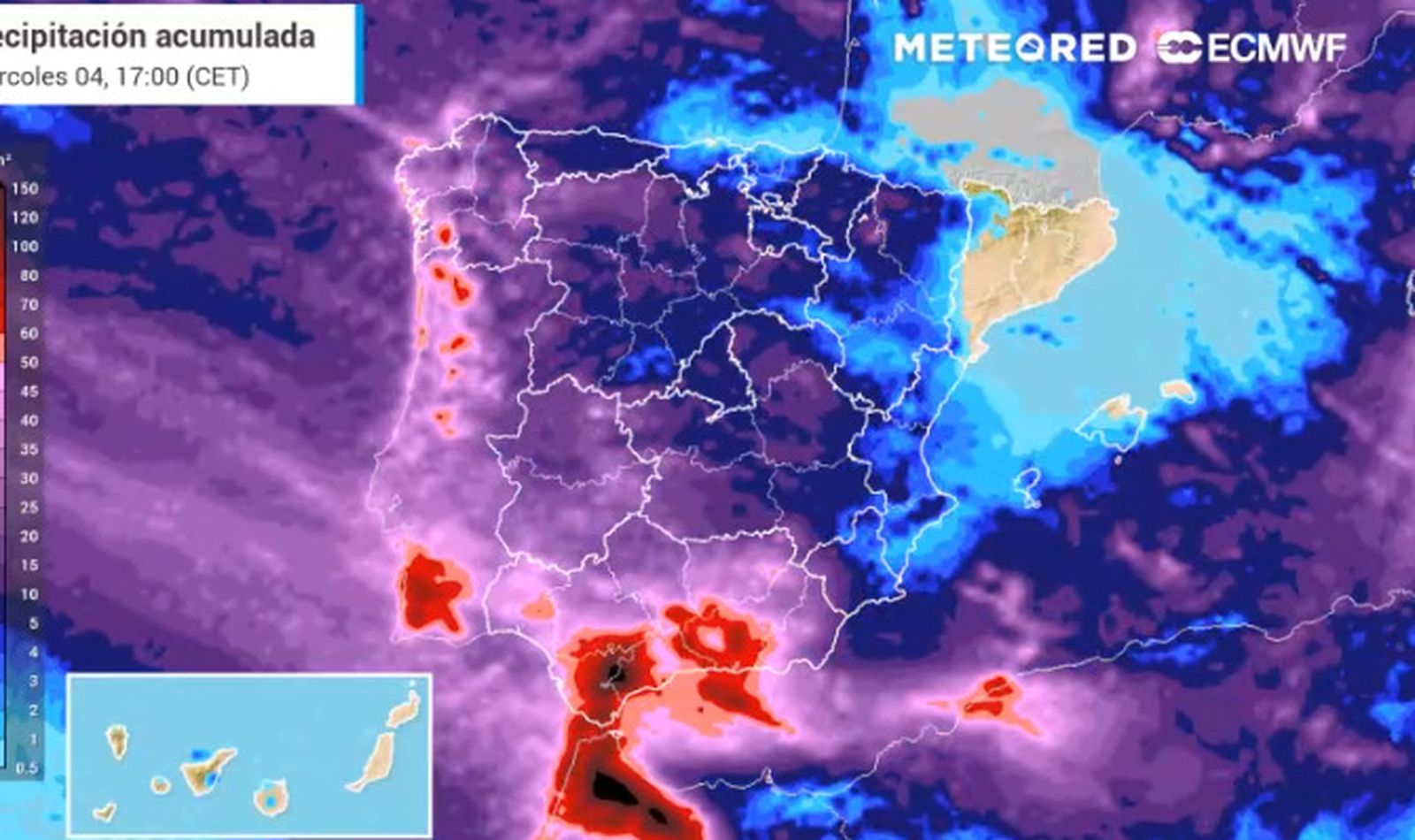 Mapa de lluvias que se esperan en Cádiz durante el miércoles y el jueves