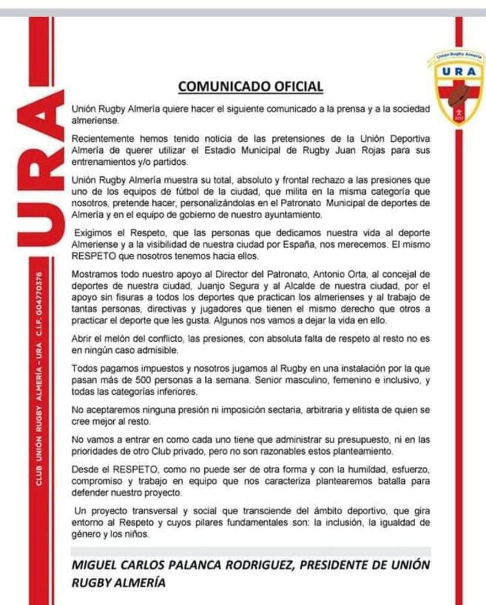 El URA Rugby también ha salido en defensa del PMD