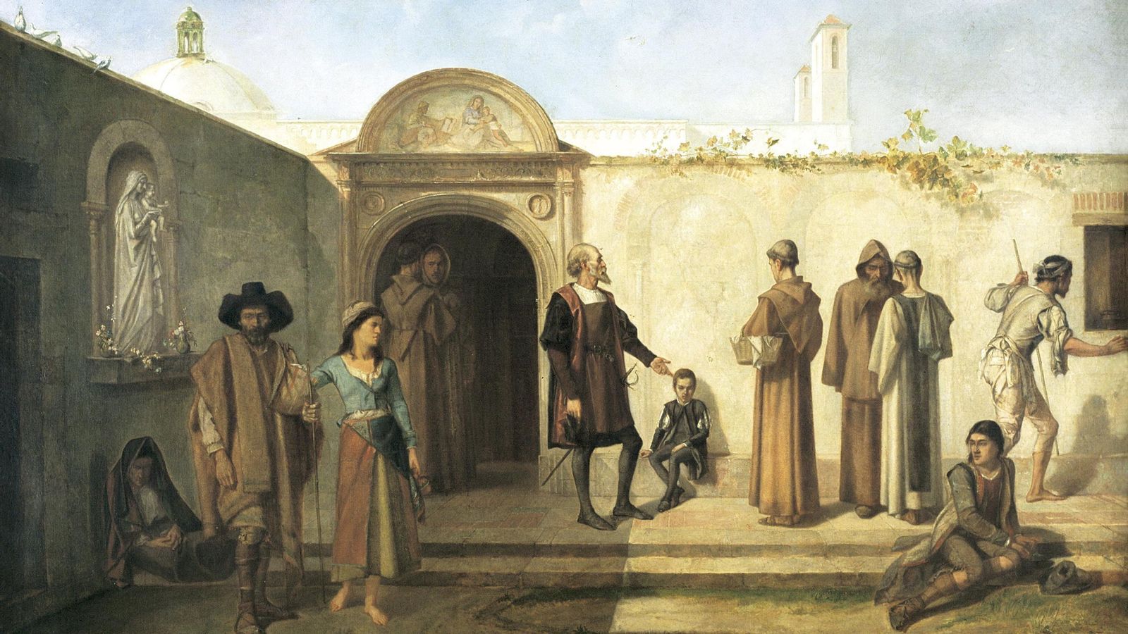 Cristóbal Colón junto a su hijo Diego en el Monasterio de la Rábida