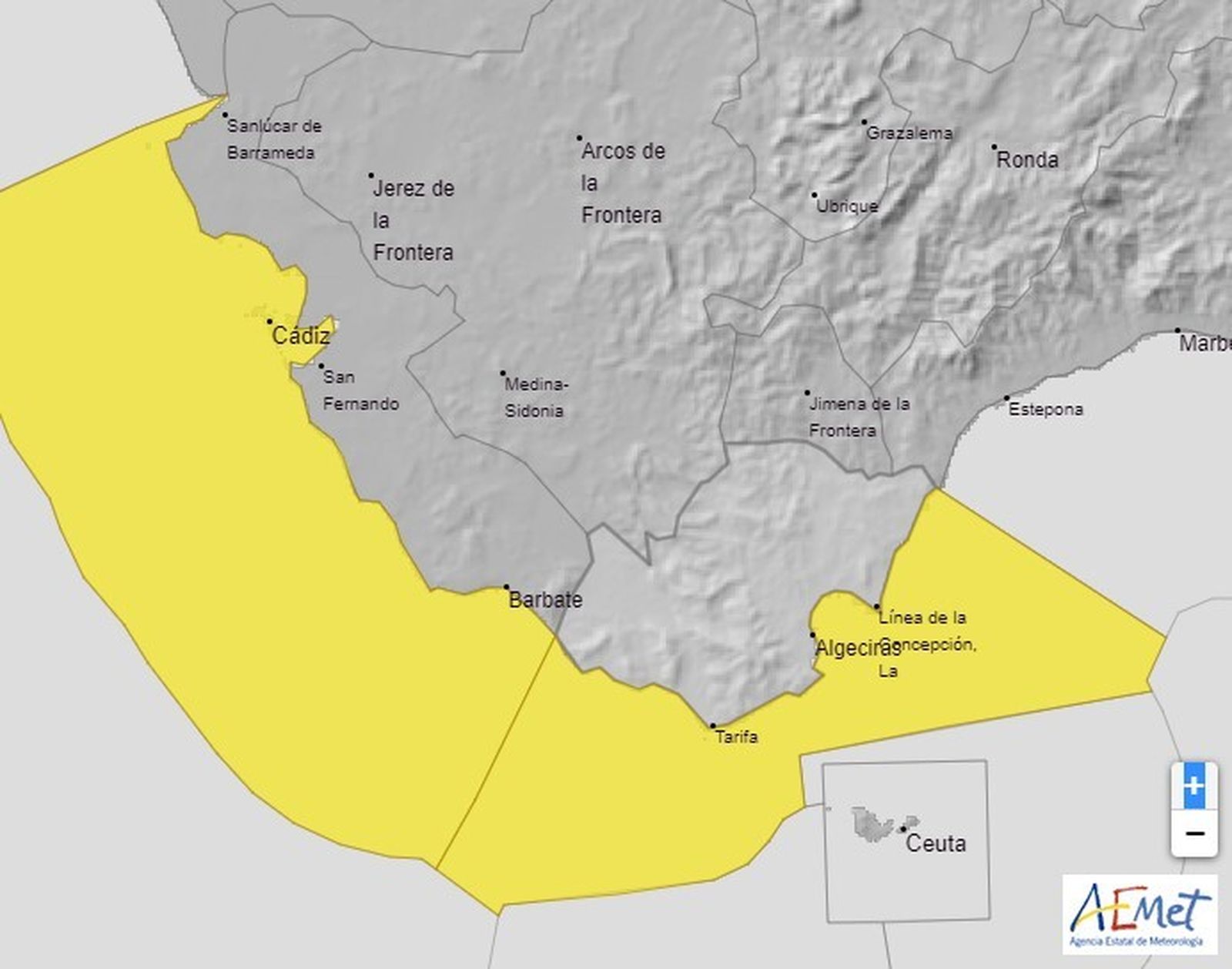 El mapa de avisos de la Aemet para la provincia de Cádiz.