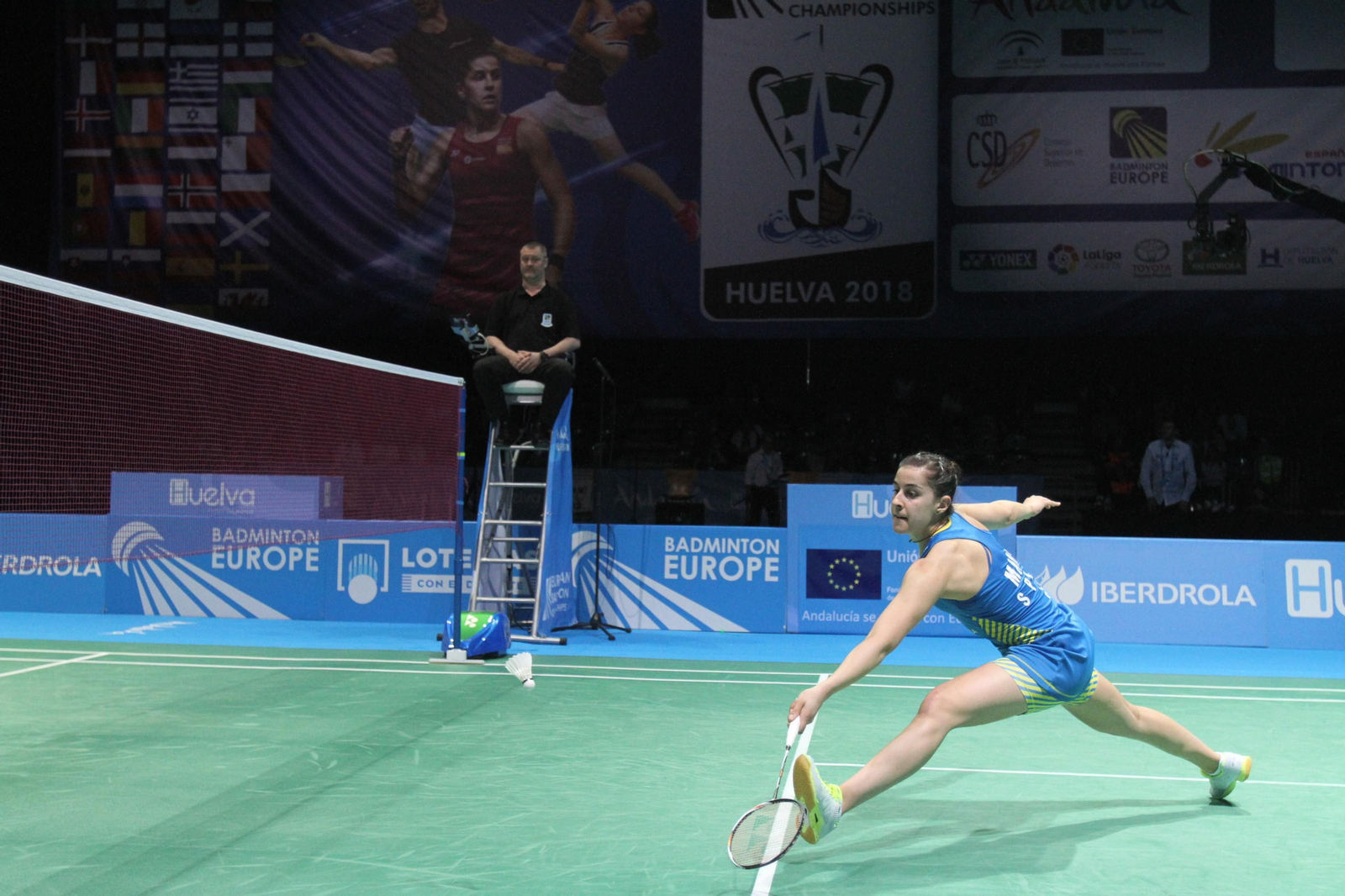 Partido y victoria de Carolina Marín en el Europeo de Bádminton celebrado en Huelva