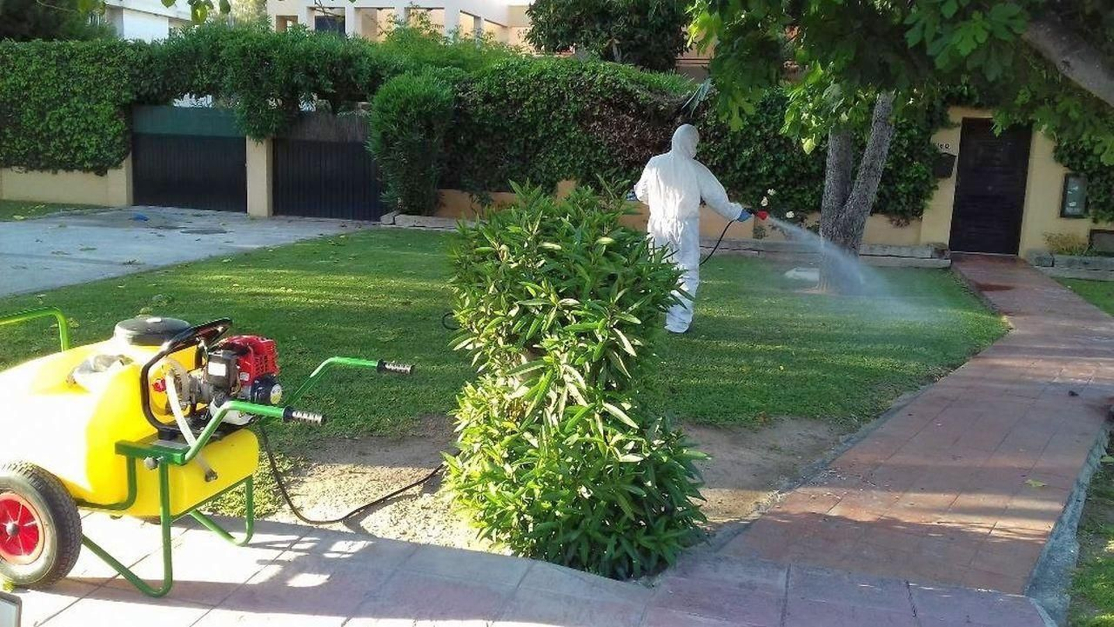 Fumigando en una zona de chalets para controlar los mosquitos. Fumigando en una zona de chalets para controlar los mosquitos.