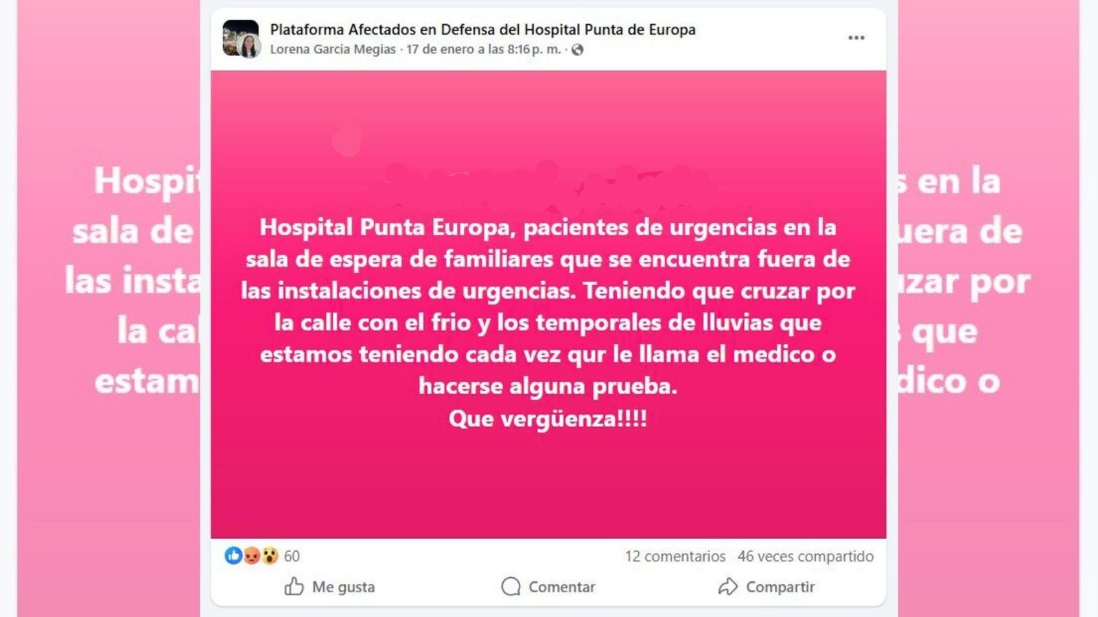 Mensaje de una usuaria en la Plataforma de afectados en defensa del Hospital Punta de Europa.