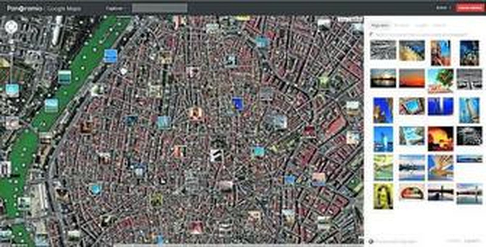El mapa de la ciudad de Sevilla con las fotografías subidas a través de Panoramio.