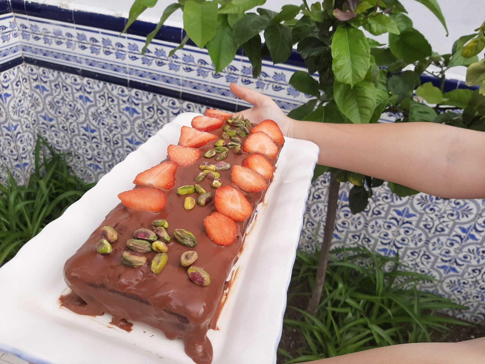 Bizcocho de nueces con cobertura de chocolate.