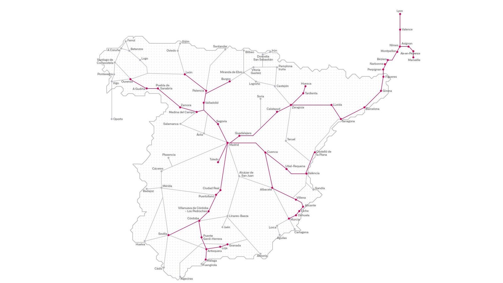 En morado los trayectos de AVE en España y en gris los de Larga Distancia. En morado los trayectos de AVE en España y en gris los de Larga Distancia.