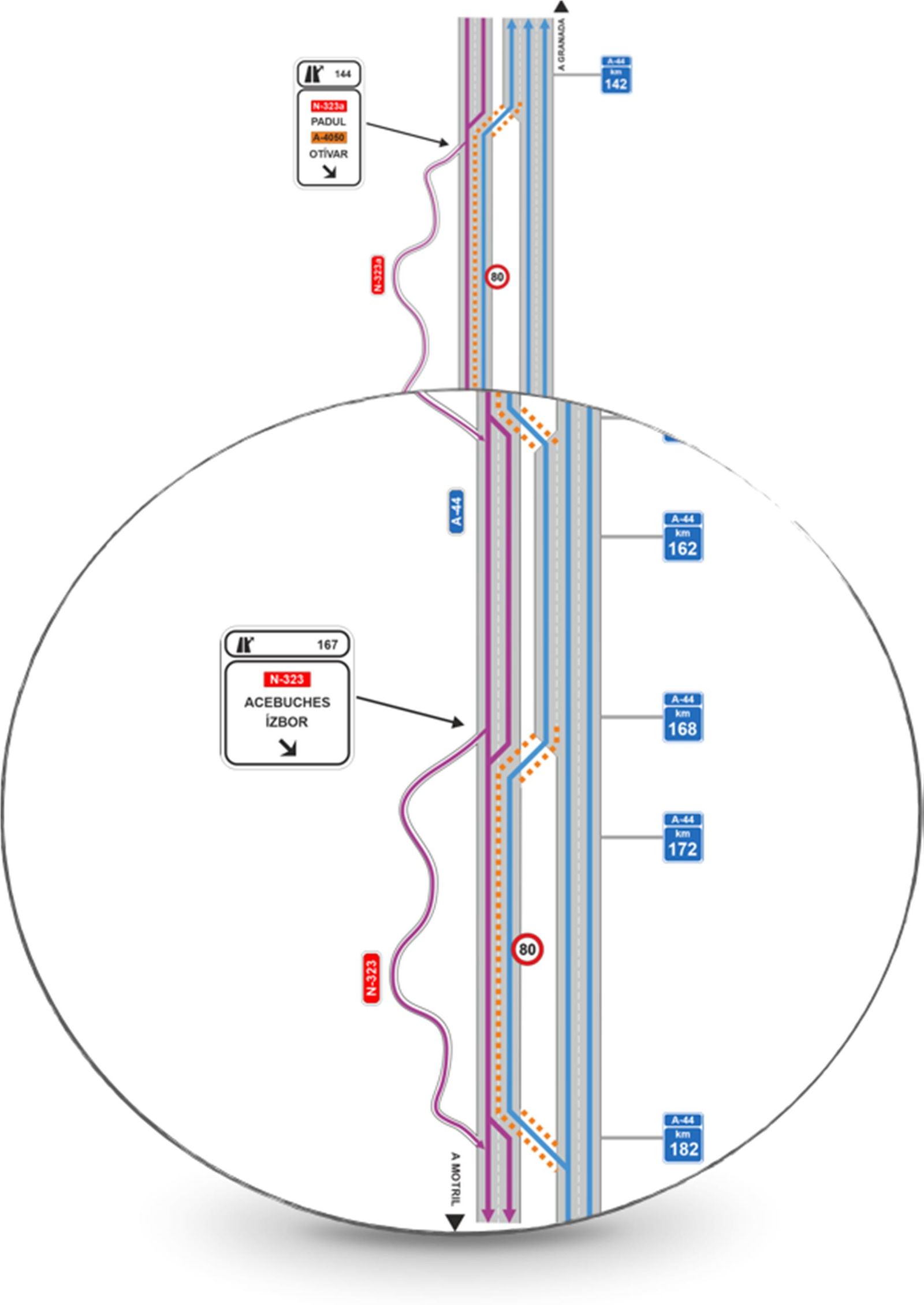 Así se distribuirán los carriles en la A-44 tras la ampliación del carril de conos