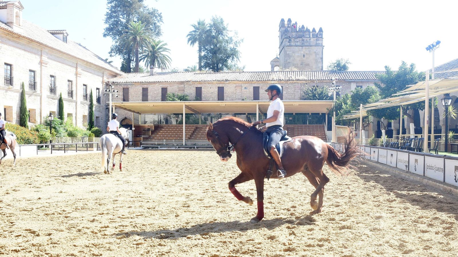 Varios jinetes exhiben sus caballos en la pista central de Caballerizas Reales.