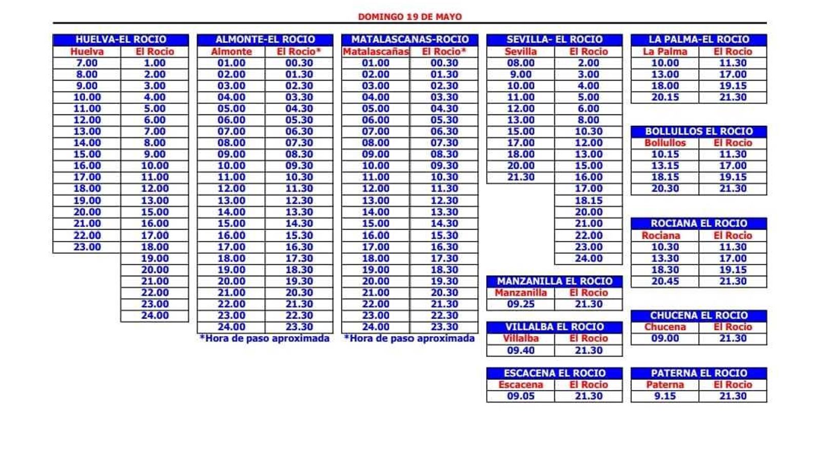 Horarios domingo 19 de mayo.
