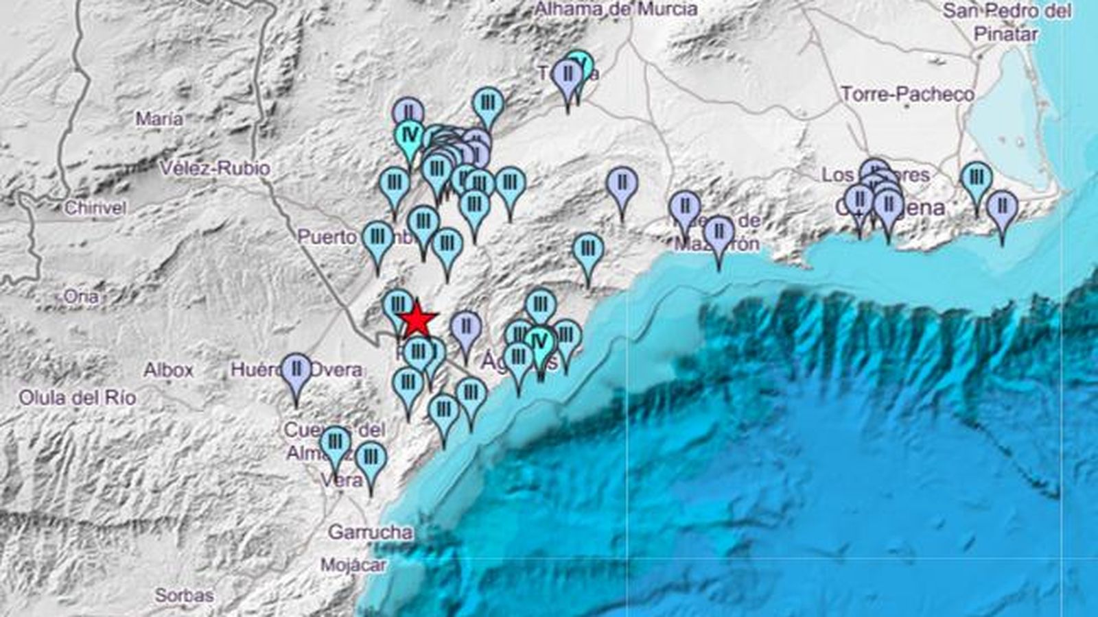 Intensidad del terremoto en los diferentes municipios.