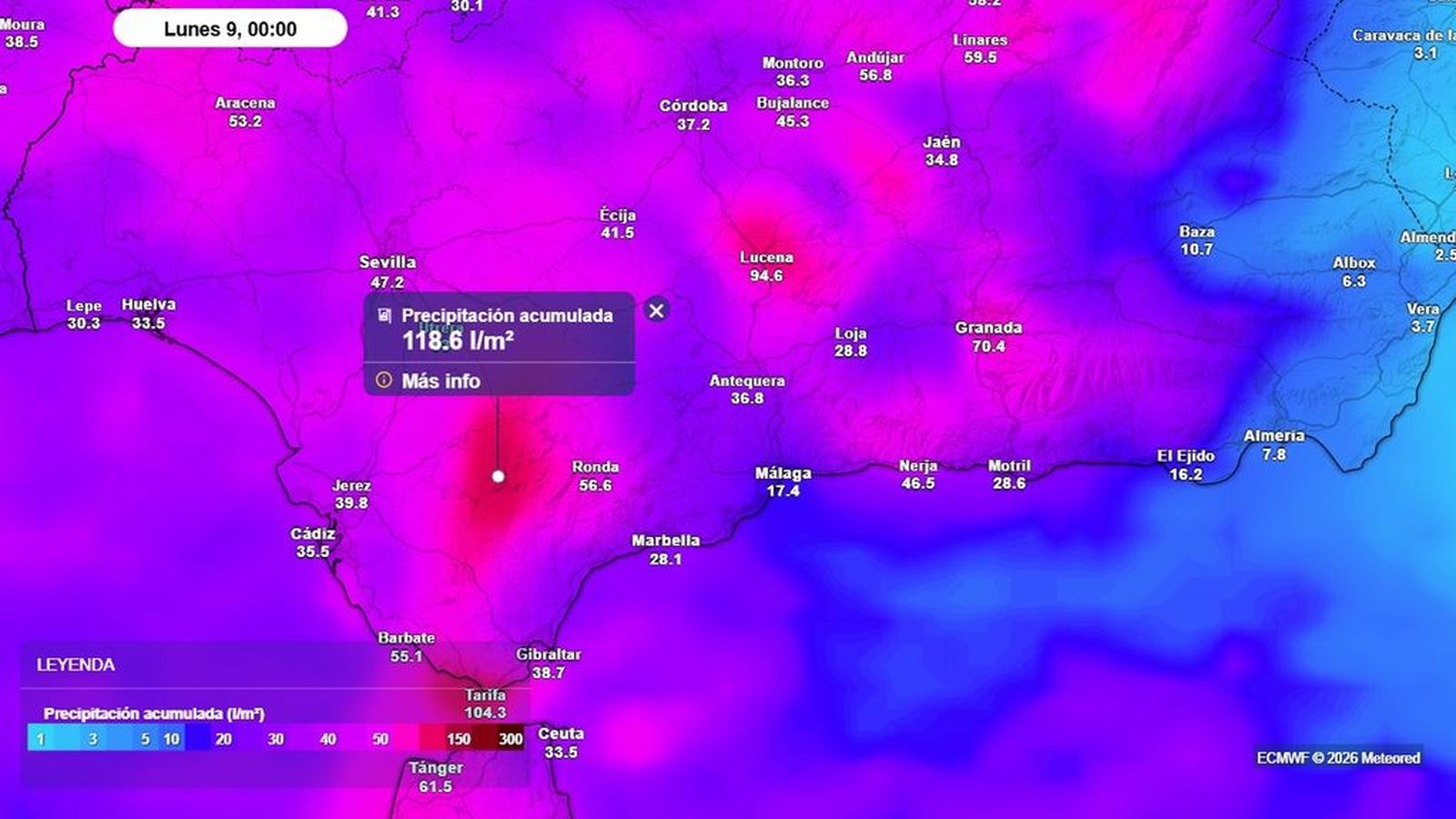 Volverán a superarse los 100 l/m2 en el entorno de la sierra de Grazalema este fin de semana por la borrasca Marta.