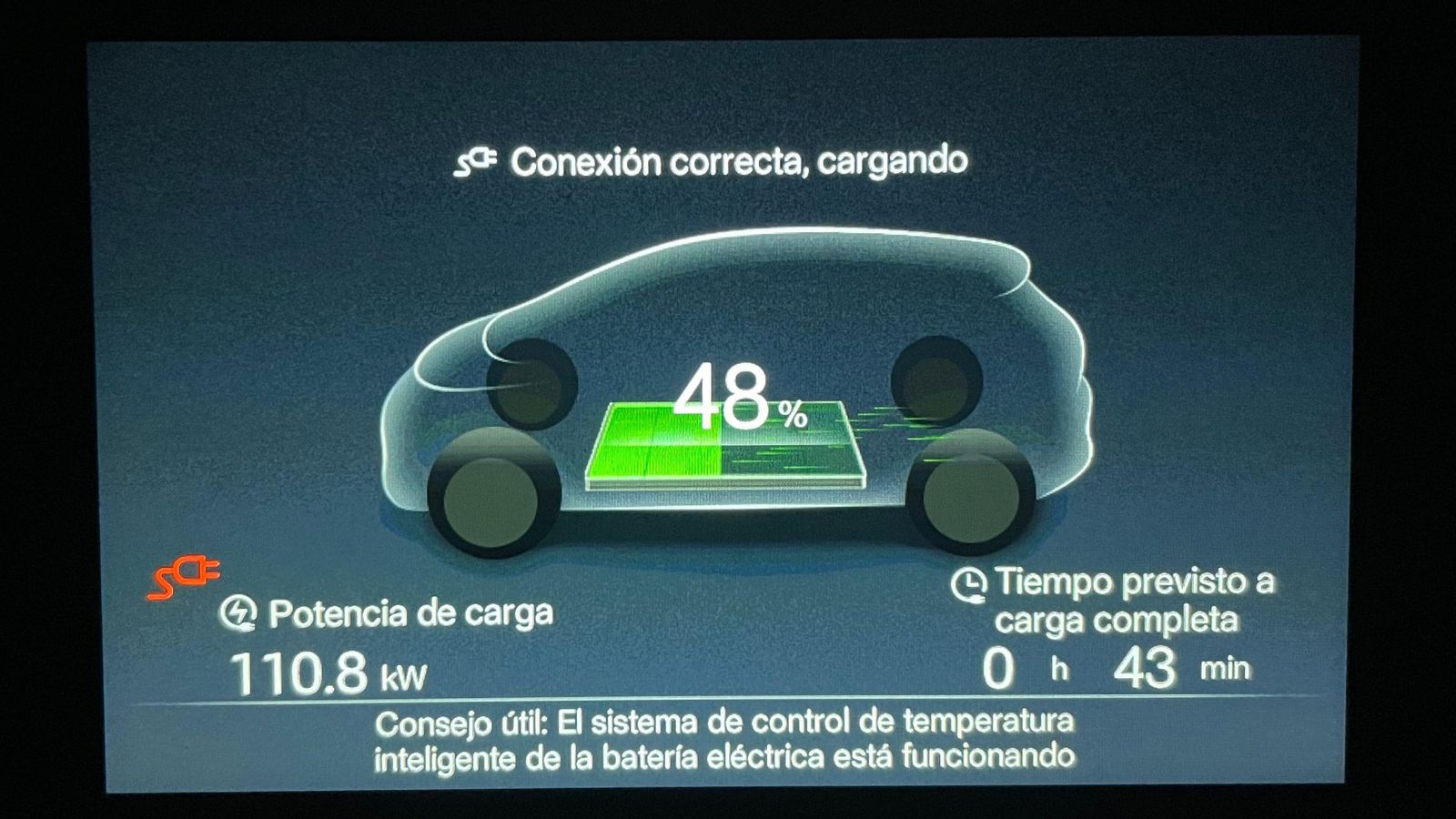 En una segunda prueba de carga, el BYD Dolphin mantuvo su nueva potencia máxima hasta casi alcanzar el 50 por ciento del SoC de la batería.