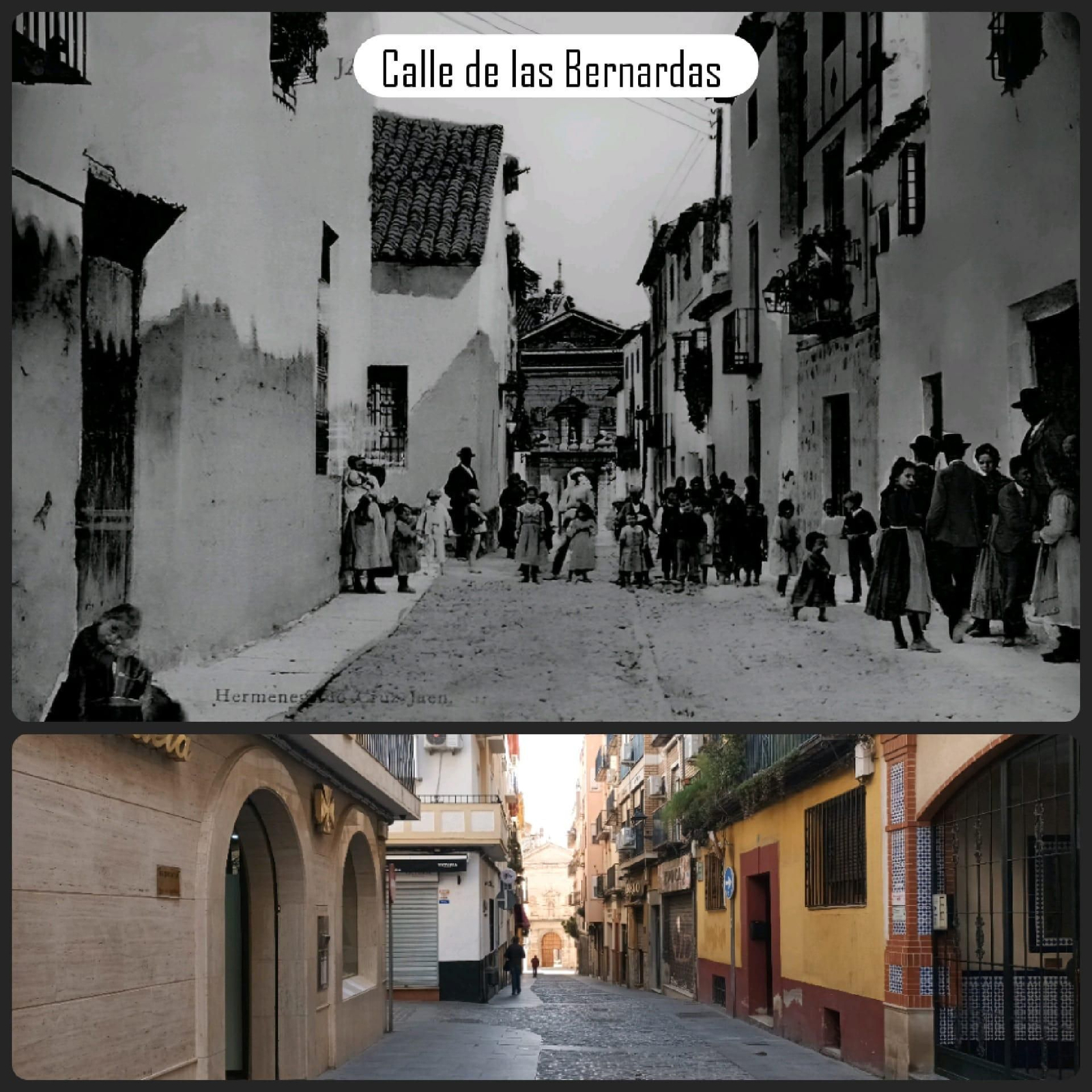 Calle Bernardas. Lugar donde se encontraba la antigua farmacia del "Ruso". Hoy farmacia Jorge Juan Bago.