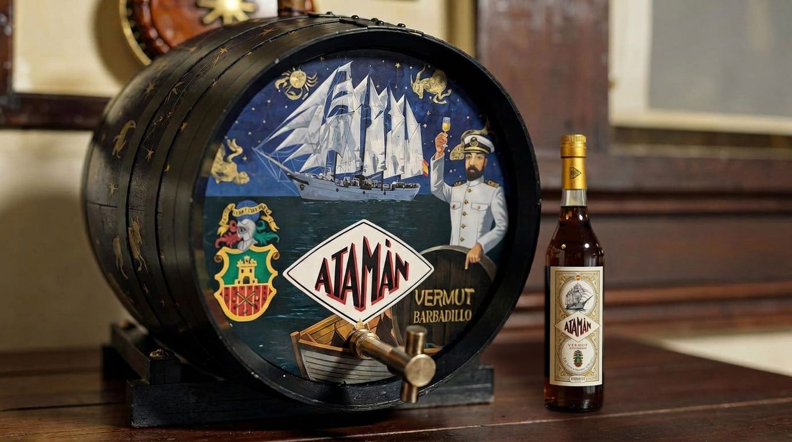 Botella y barril de la edición especial del vermut Atamán de Barbadillo.