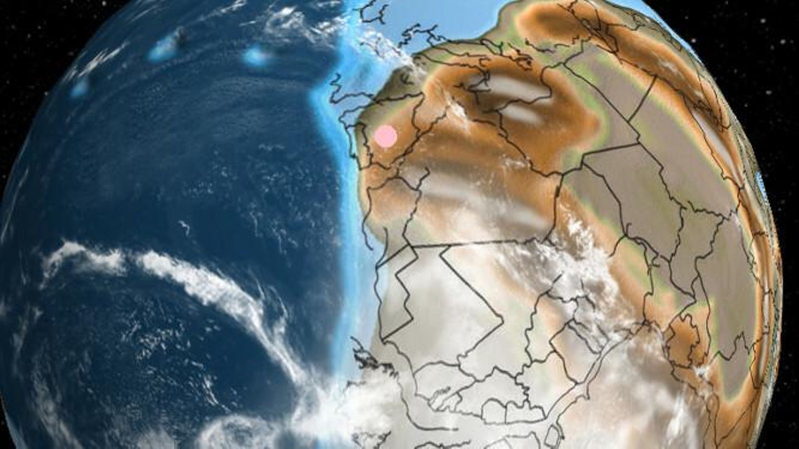 Situación de la Península Ibérica hace 600 millones de años, en el supercontinente Pannotia.