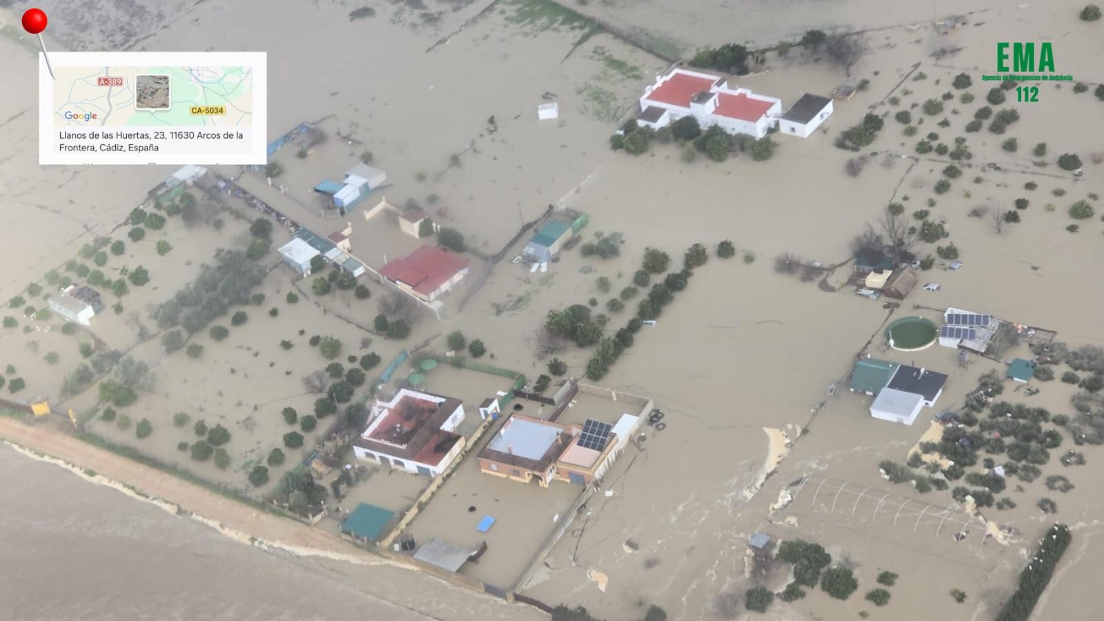 Así se ve desde el aire el desbordamiento del río Guadalete en Jerez, El Puerto, Arcos y la Sierra