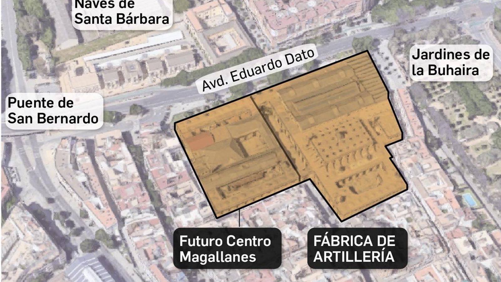 Localización de la Real Fábrica de Artillería y Centro Magallanes. Fuente: elaboración propia.