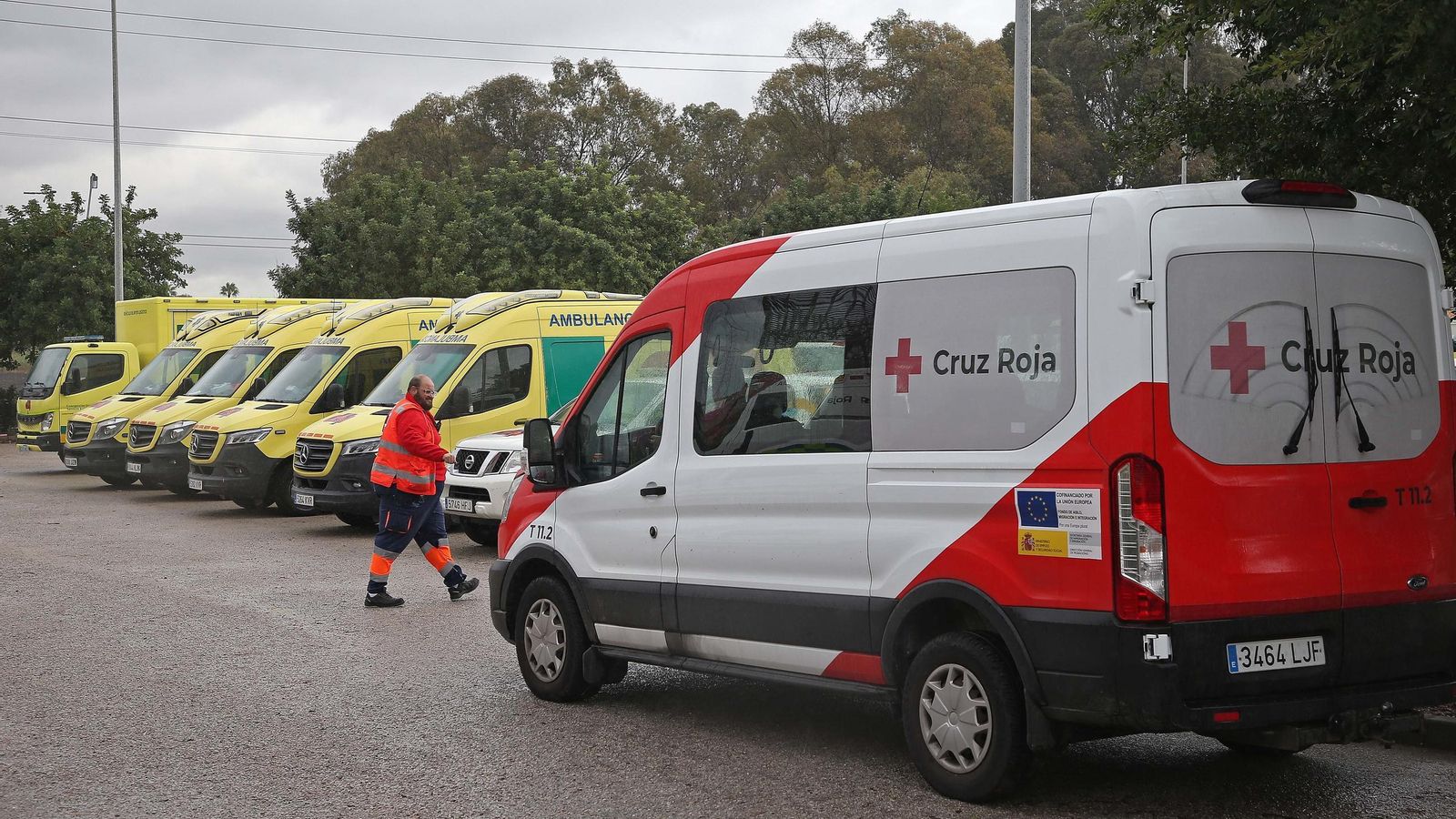 Ambulancias preparadas en un simulacro en el Campo de Gibraltar.