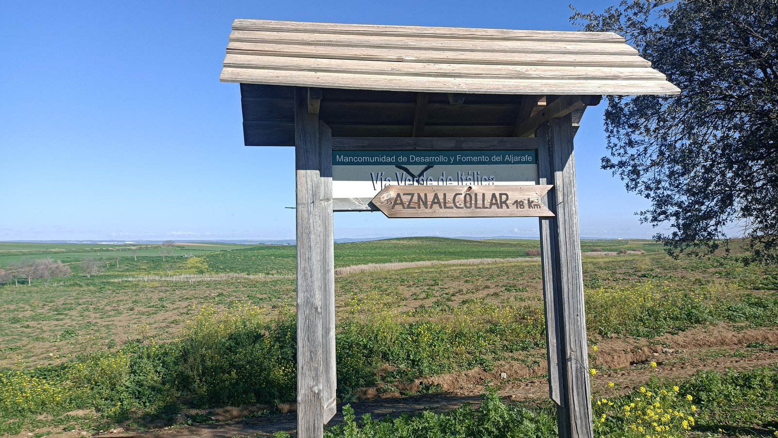 Una señal indicativa marca 18 kilómetros hasta Aznalcóllar.