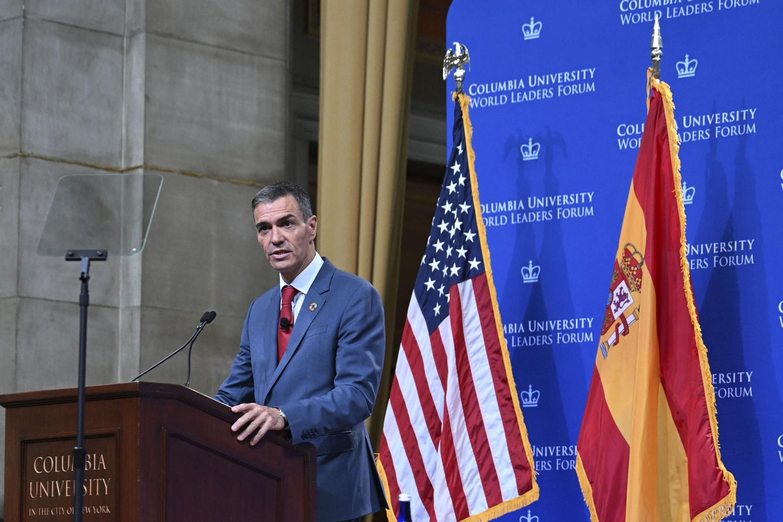 El presidente del Gobierno, Pedro Sánchez, este lunes en una intervención en la Universidad de Columbia.
