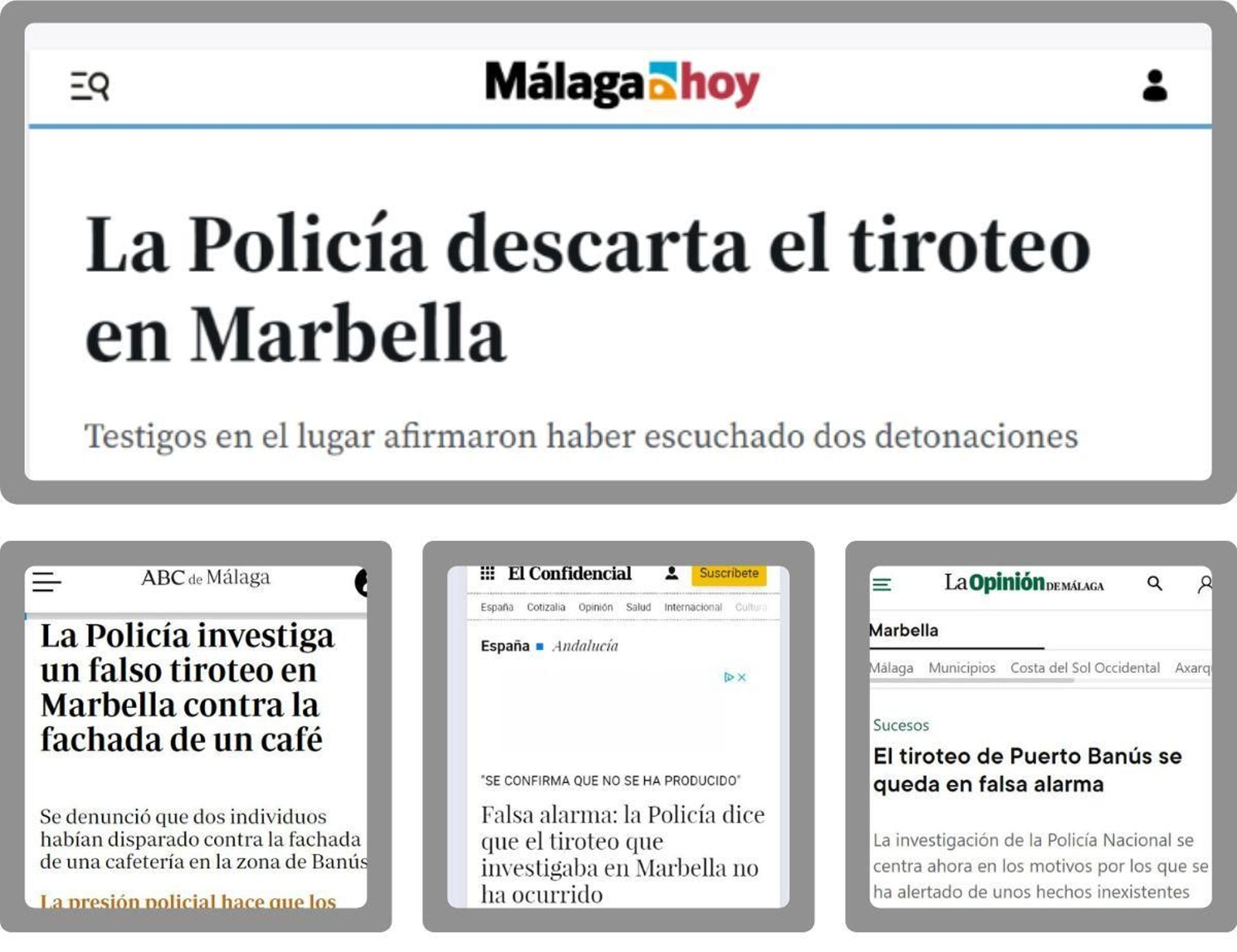 Recortes de prensa digital sobre el falso tiroteo en Marbella Recortes de prensa digital sobre el falso tiroteo en Marbella