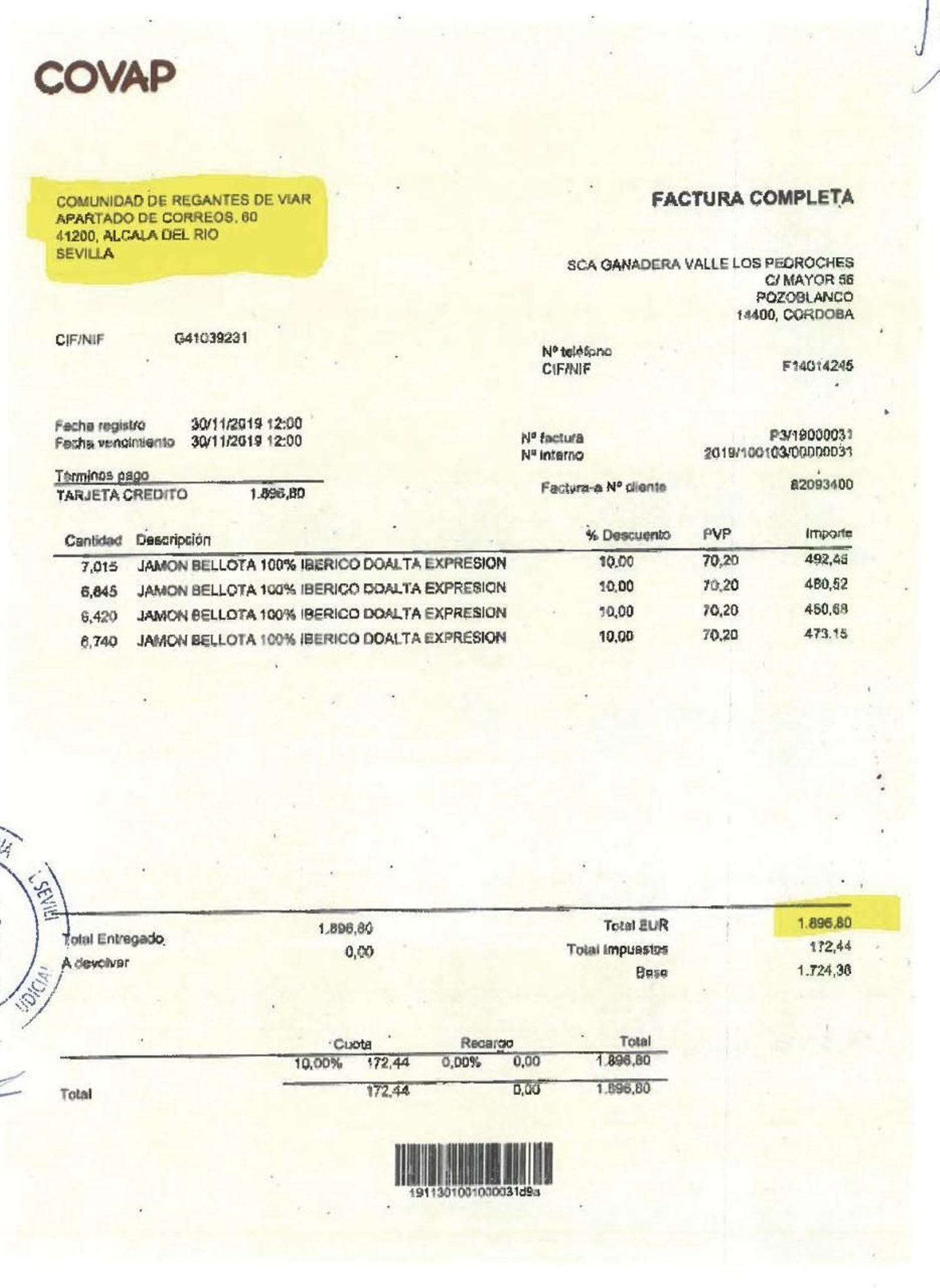 La factura por la compra de cuatro jamones 100% ibéricos.