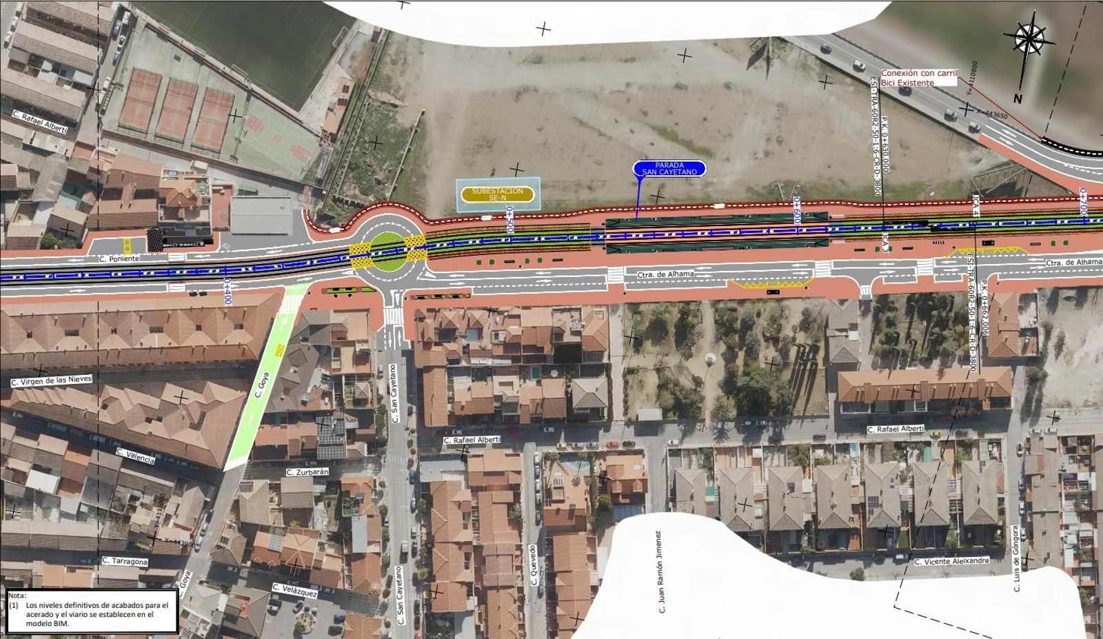 Mapa del trazado definitivo de la ampliación Sur del Metro de Granada por Armilla, Churriana y Las Gabias