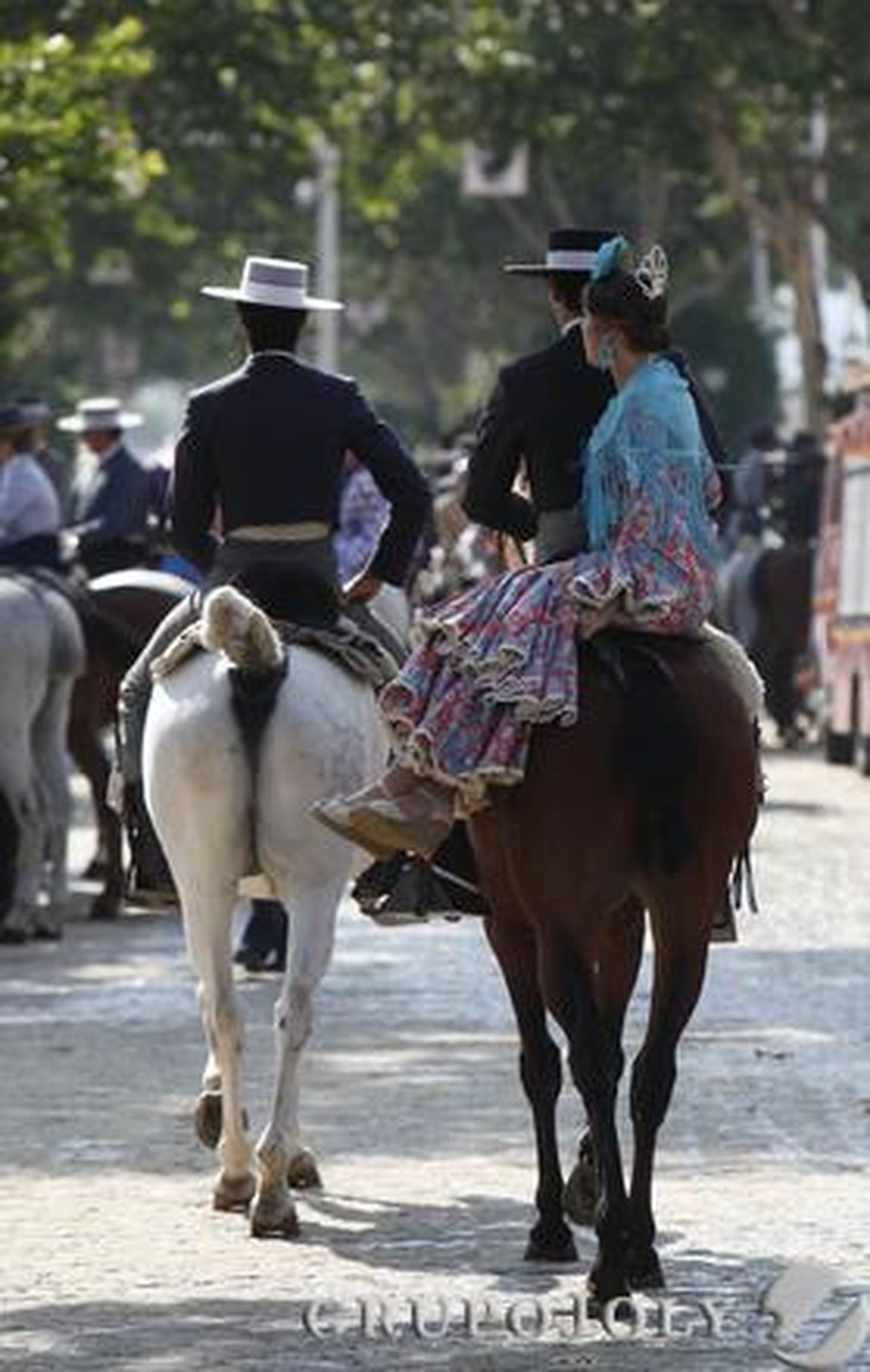 Jóvenes pasean a caballo por las calles del Real.

Foto: José Ángel García