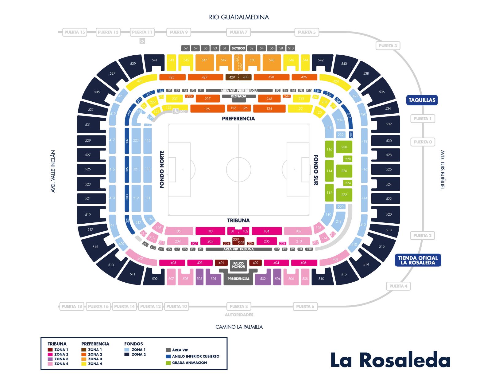 Plano de La Rosaleda con la nueva nomenclatura a partir de la próxima temporada.
