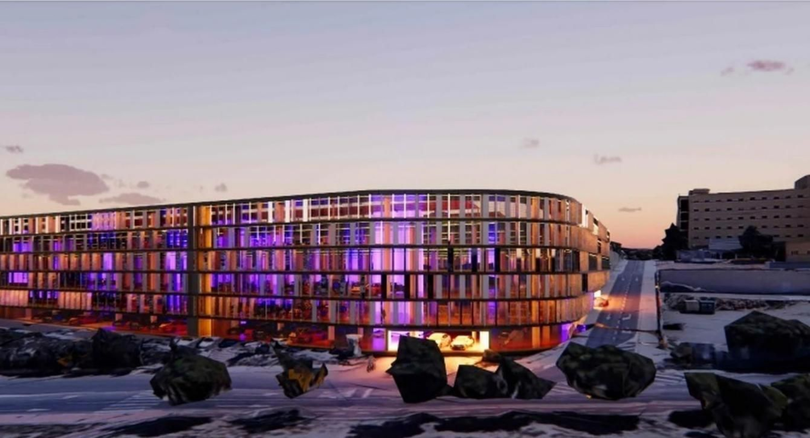 Boceto de la fisonomía que tendrá el nuevo edificio que tendrá capacidad para albergar más de 2.000 vehículos y en cuya cubierta tendrá una cafetería restaurante y una ludoteca