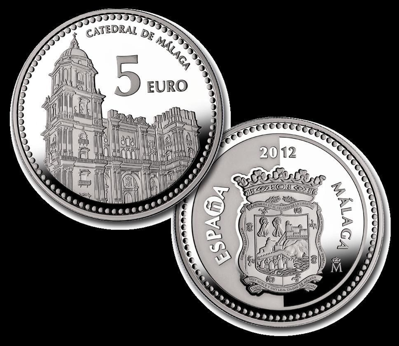 Imagen del anverso y reverso de la moneda de 5 euros de Málaga