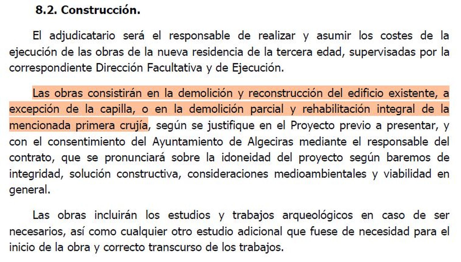 Apartado de construcción del pliego de condiciones.