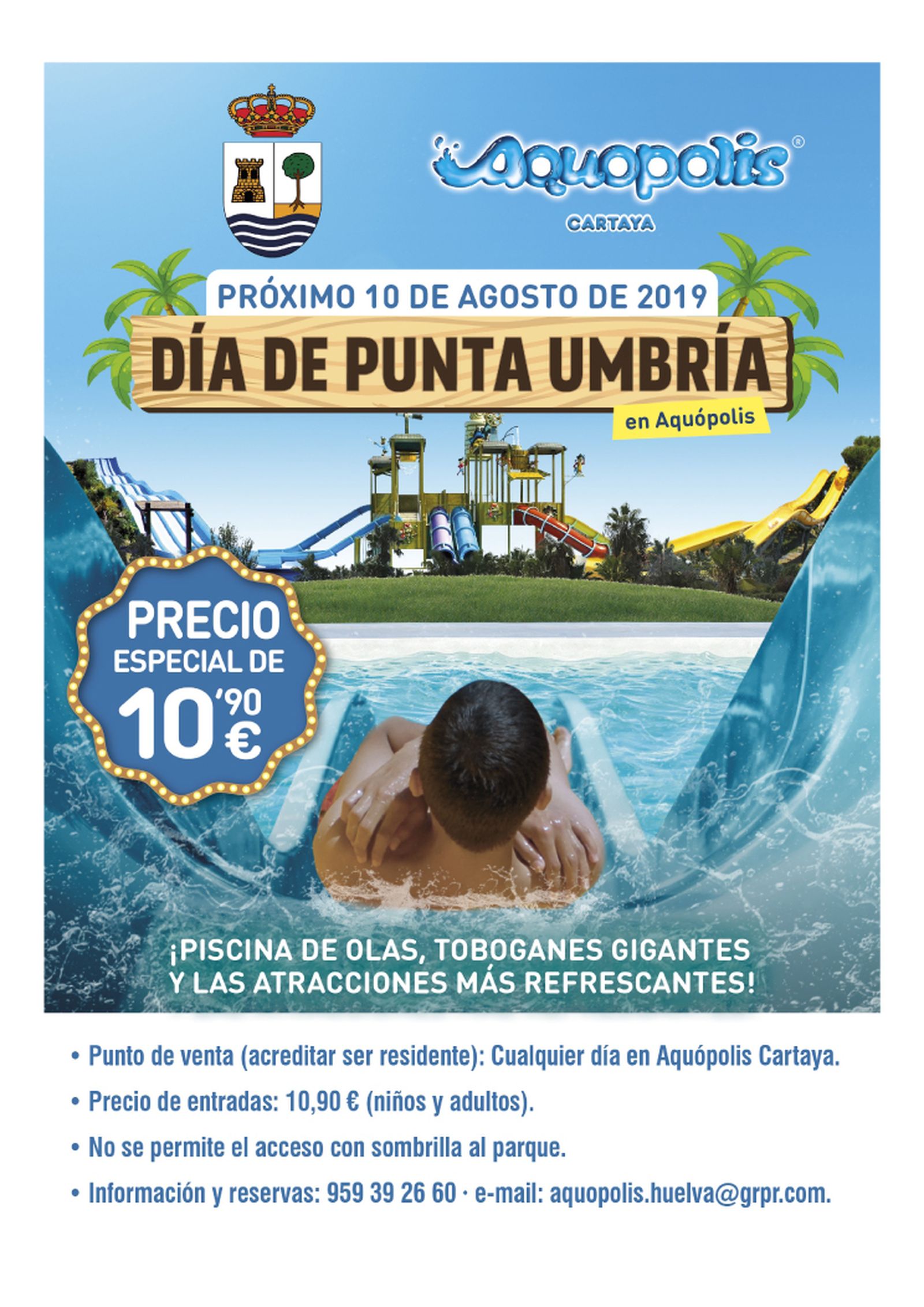 Cartel del 'Día de Punta Umbría' en Aquópolis.