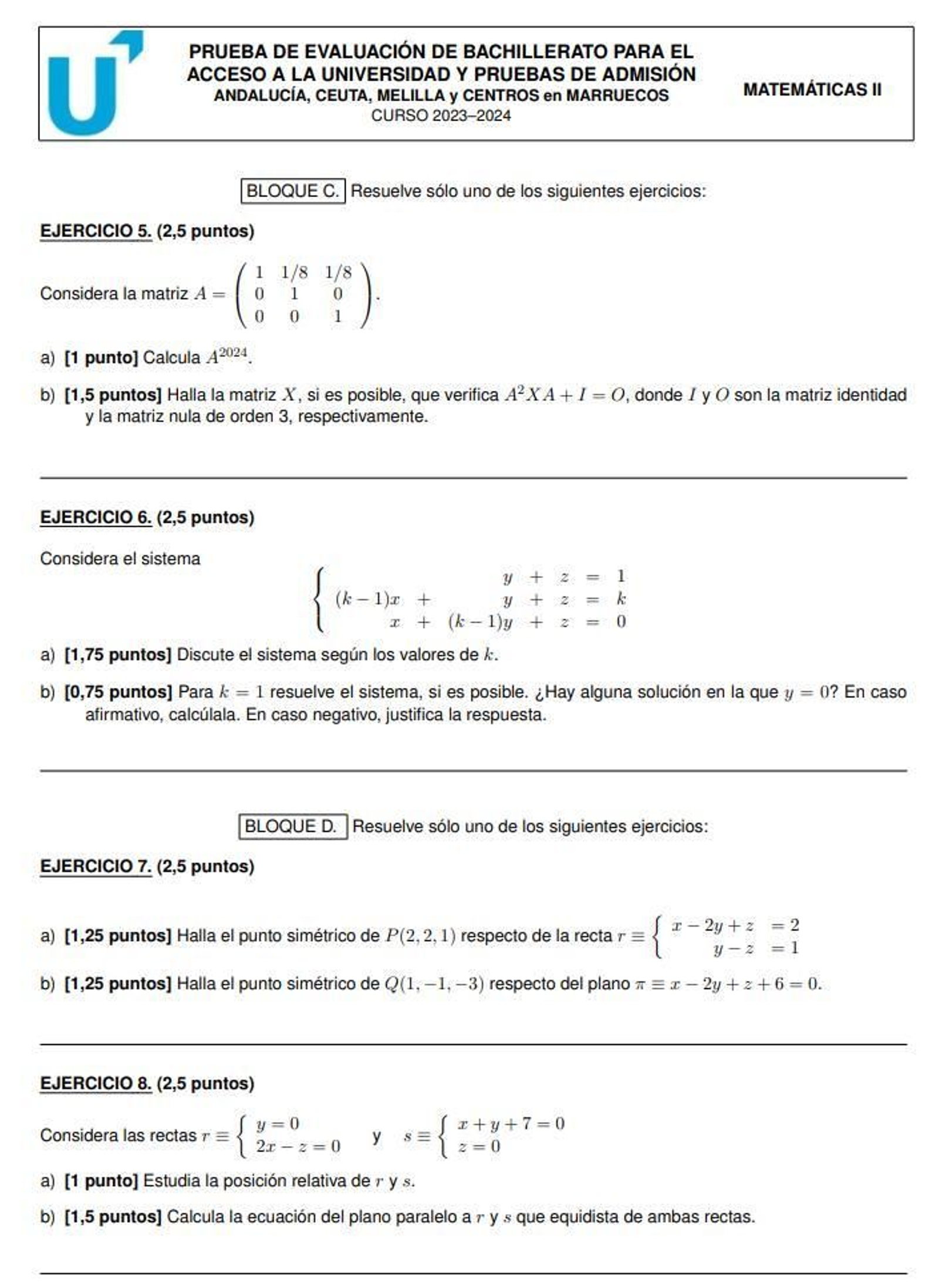 Bloques c y D del examen de Matemáticas II
