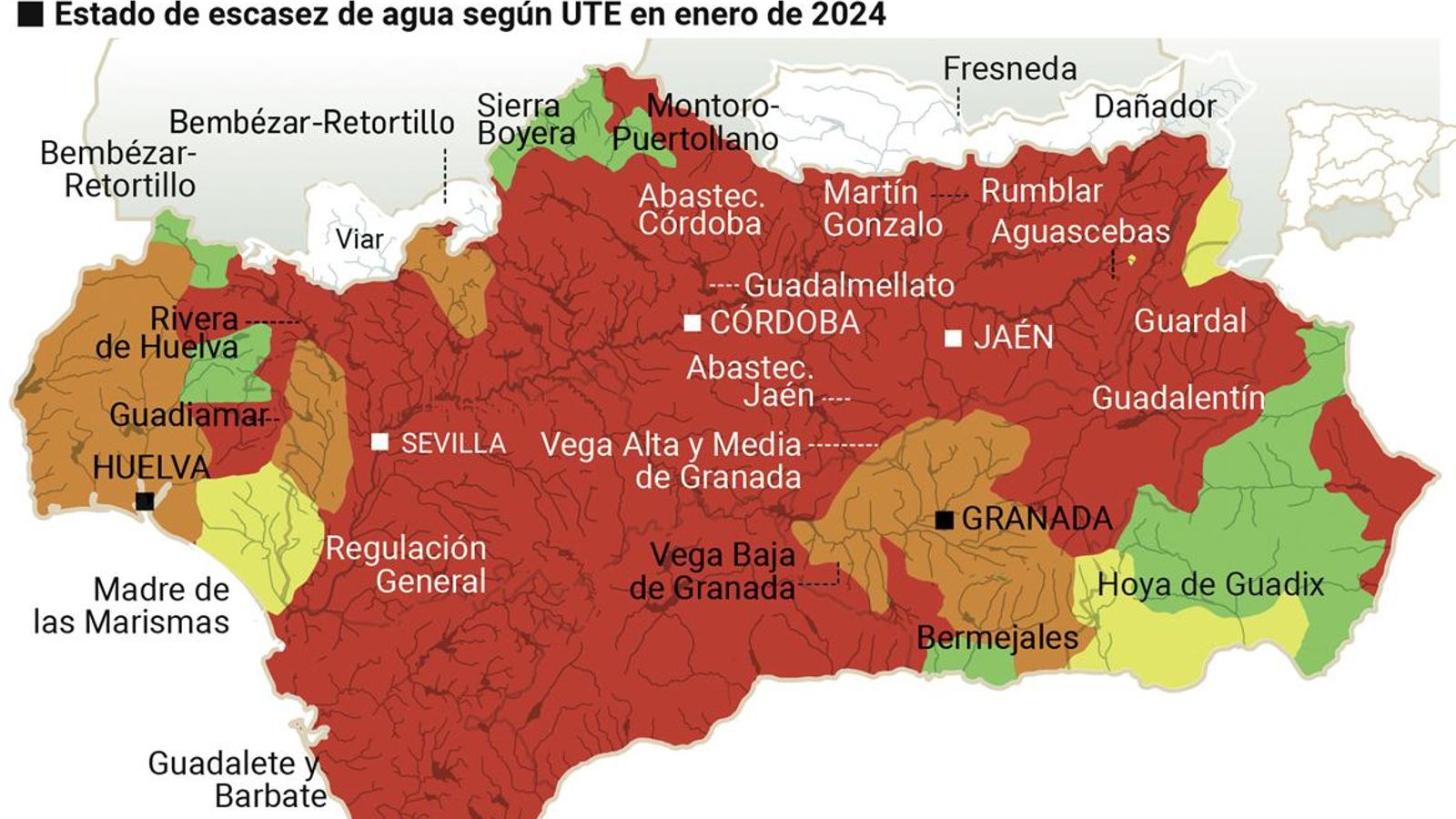 Estado de sequía en Andalucía por Comarcas. Fuente: SAIH