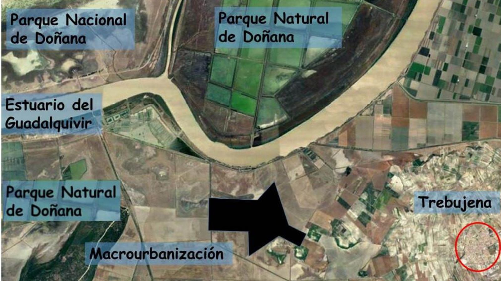 Mapa elaborado por Ecologistas en Acción que muestra la cercanía del proyecto con el Parque Natural de Doñana. Mapa elaborado por Ecologistas en Acción que muestra la cercanía del proyecto con el Parque Natural de Doñana.
