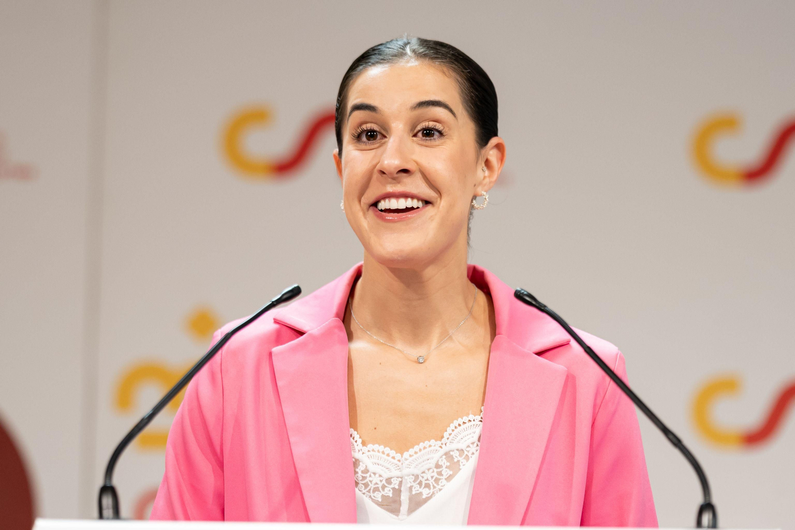 La oro olímpica y tricampeona mundial Carolina  Marín, durante una rueda de prensa, en el Consejo Superior de Deportes.