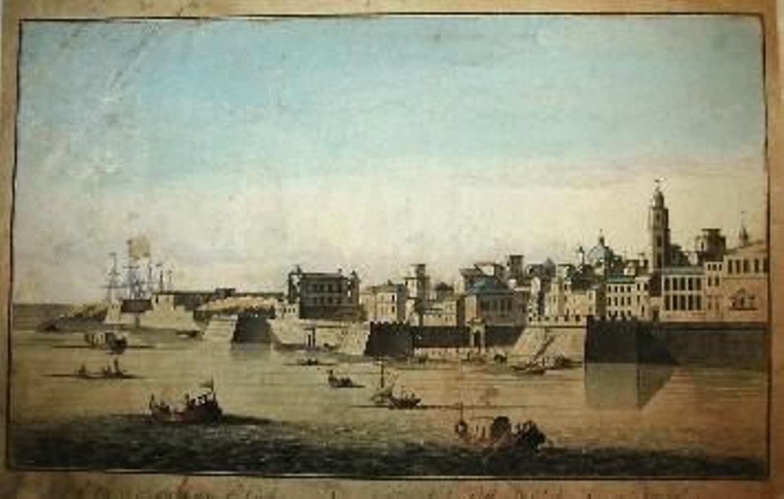 Grabado con una vista de Cádiz y su puerto en la segunda mitad del siglo XVIII.