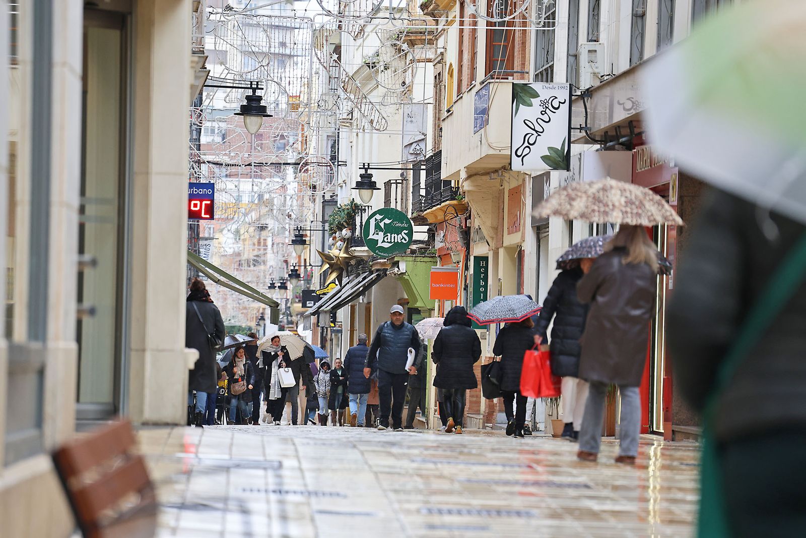 Las calles de la ciudad se inundan de paraguas en la invernal mañana de sábado
