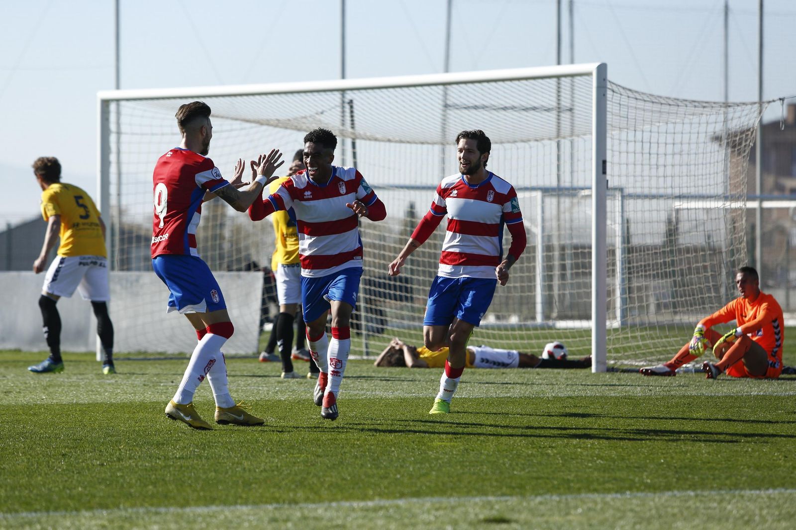 Los jugadores del Recreativo Granada celebran uno de los goles ante el Talavera.