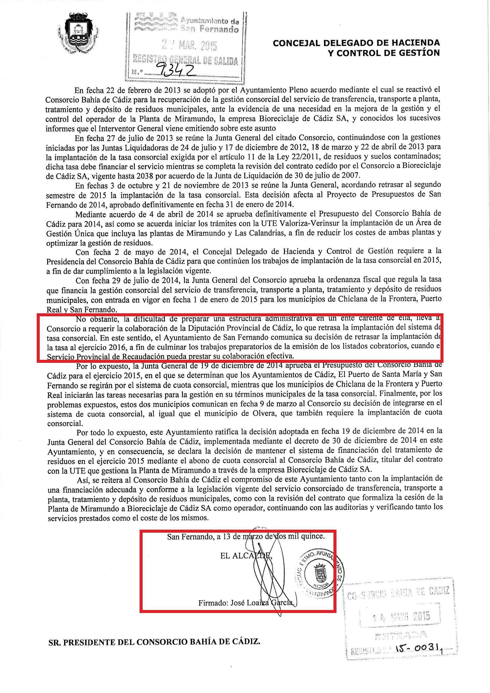Escrito remitido por el Ayuntamiento en 2015 en el que Loaiza informa del retraso en la aplicación de la tasa hasta 2016.