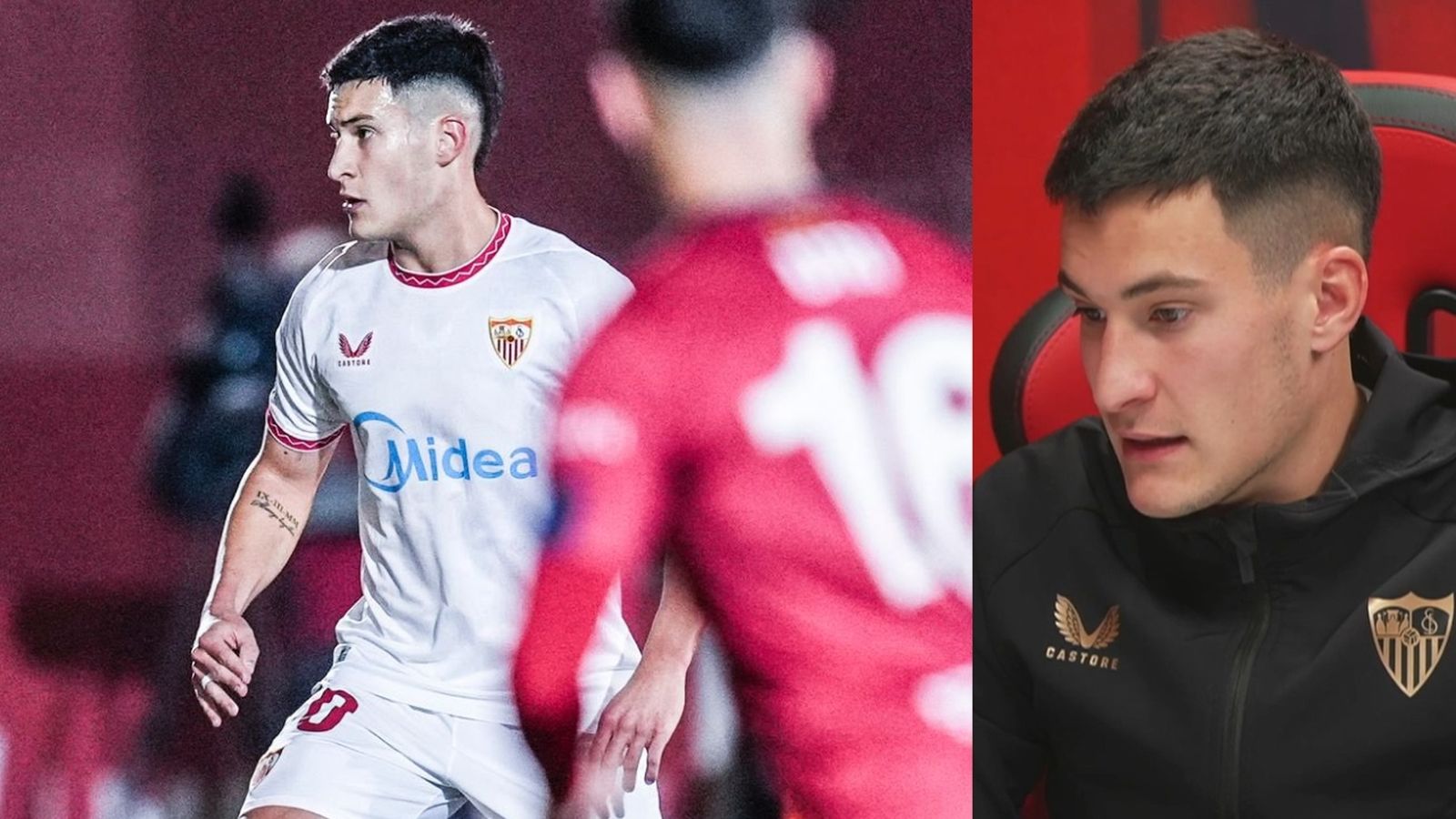 Andrés Castrín durante su debut ante el Olot; a la derecha durante su entrevista en los medios del club.