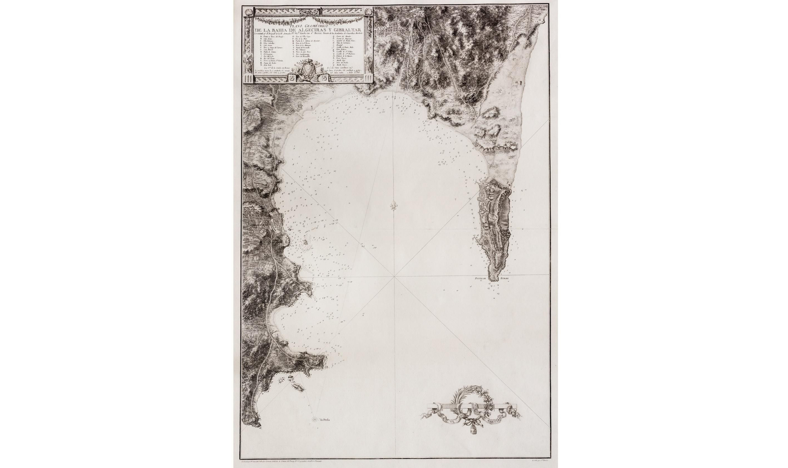 Carta náutica en gran formato estampada en grabado calcográfico que comprende la Bahía de Algeciras, su población y Gibraltar (1786). Es uno de los fructíferos resultados de los trabajos dirigidos por Vicente Tofiño.