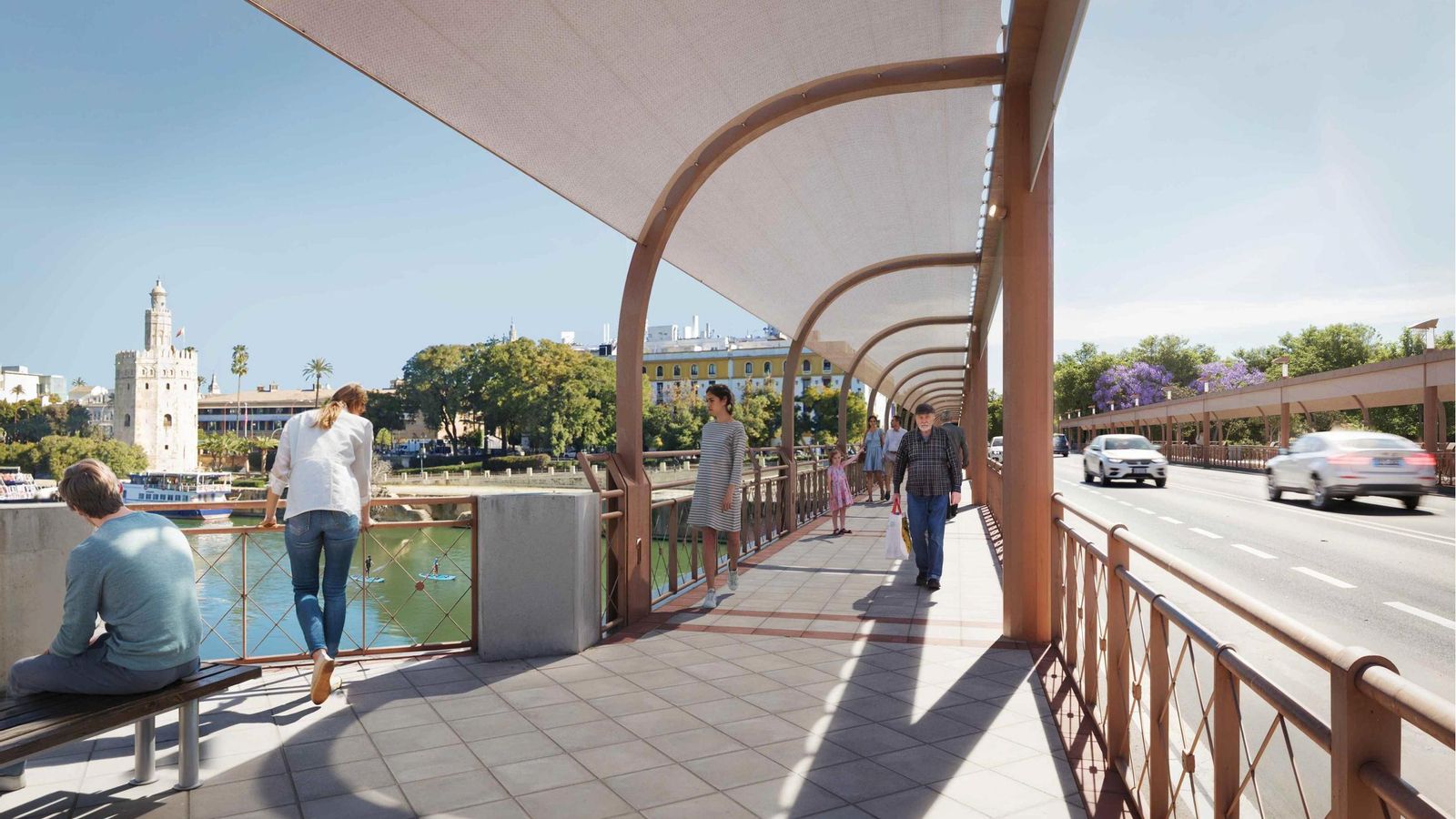 Detalles de la estructura metálica vista desde la acera de la pasarela.