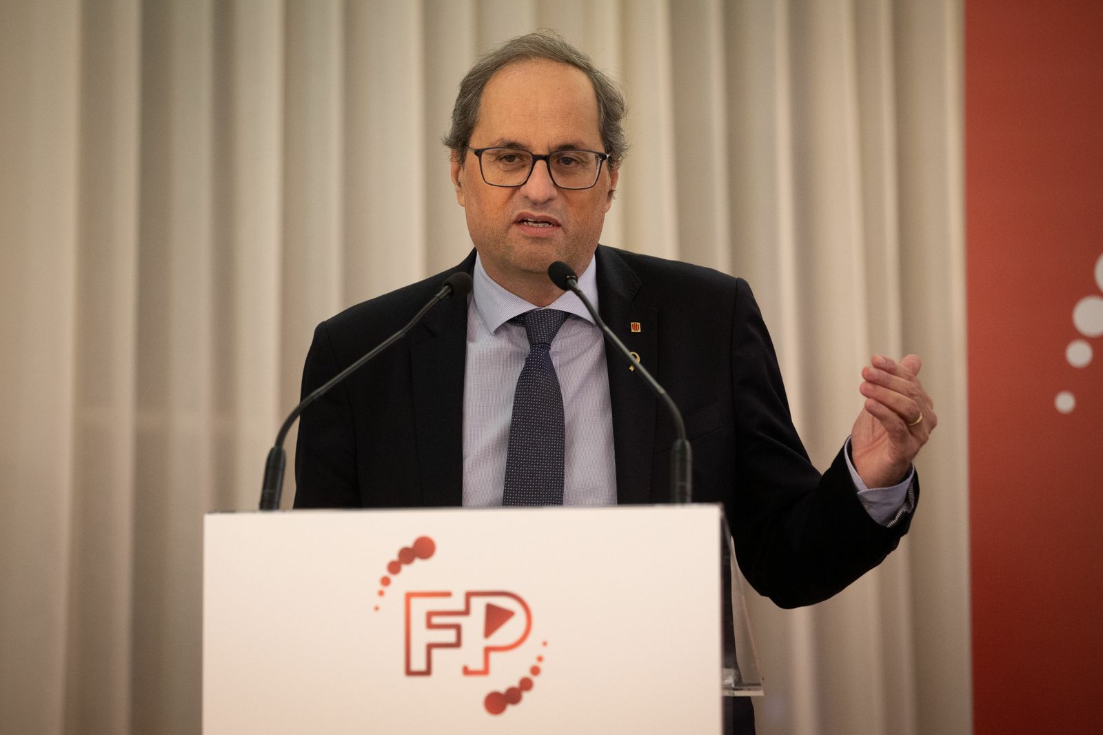 El presidente de la Generalitat, Quim Torra, durante su discurso en la inauguración del Primer Congreso de FP de Catalunya este jueves en el Palau de Pedralbes.