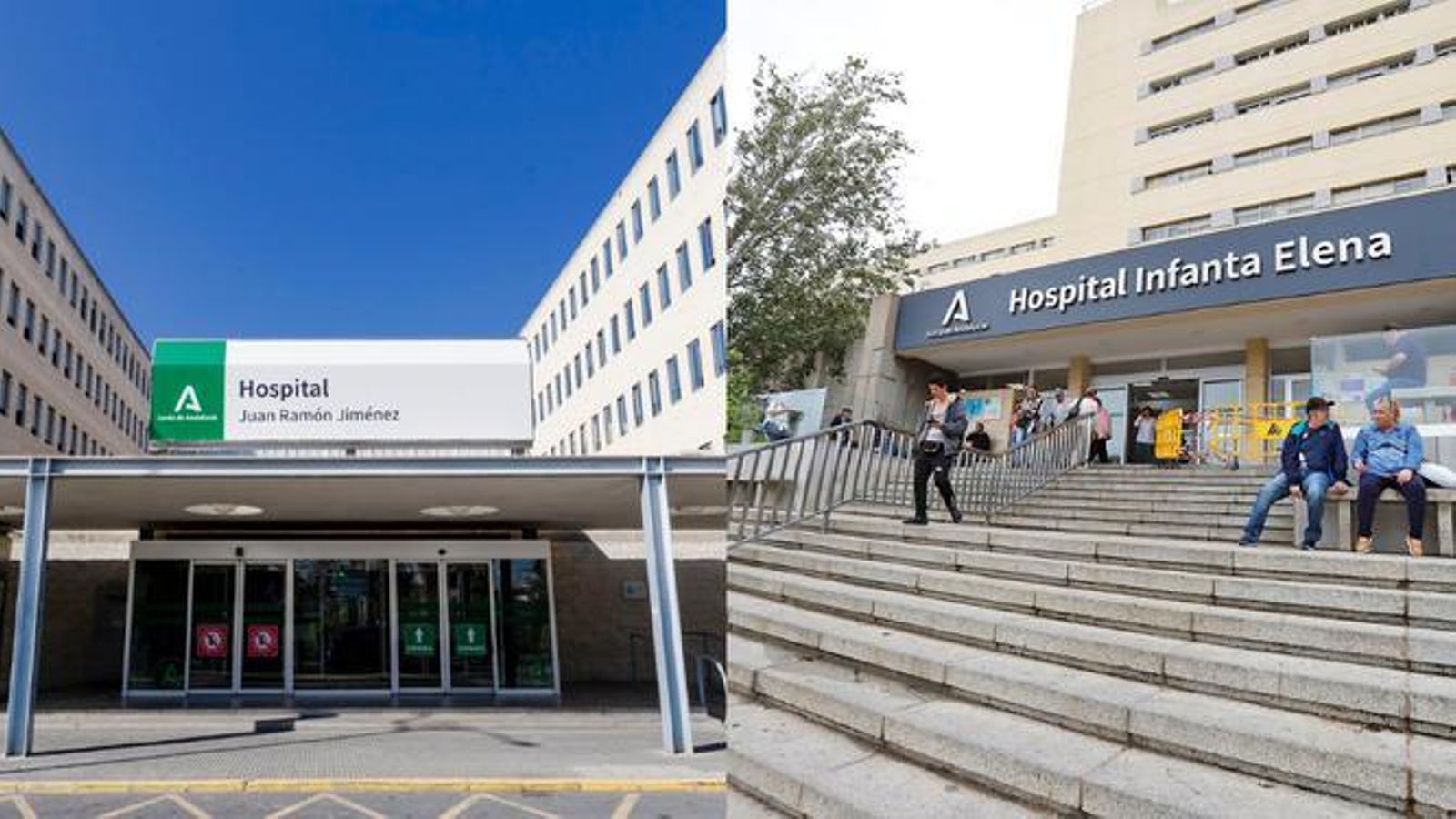 Fachadas de los hospitales Juan Ramón Jiménez e Infanta Elena.