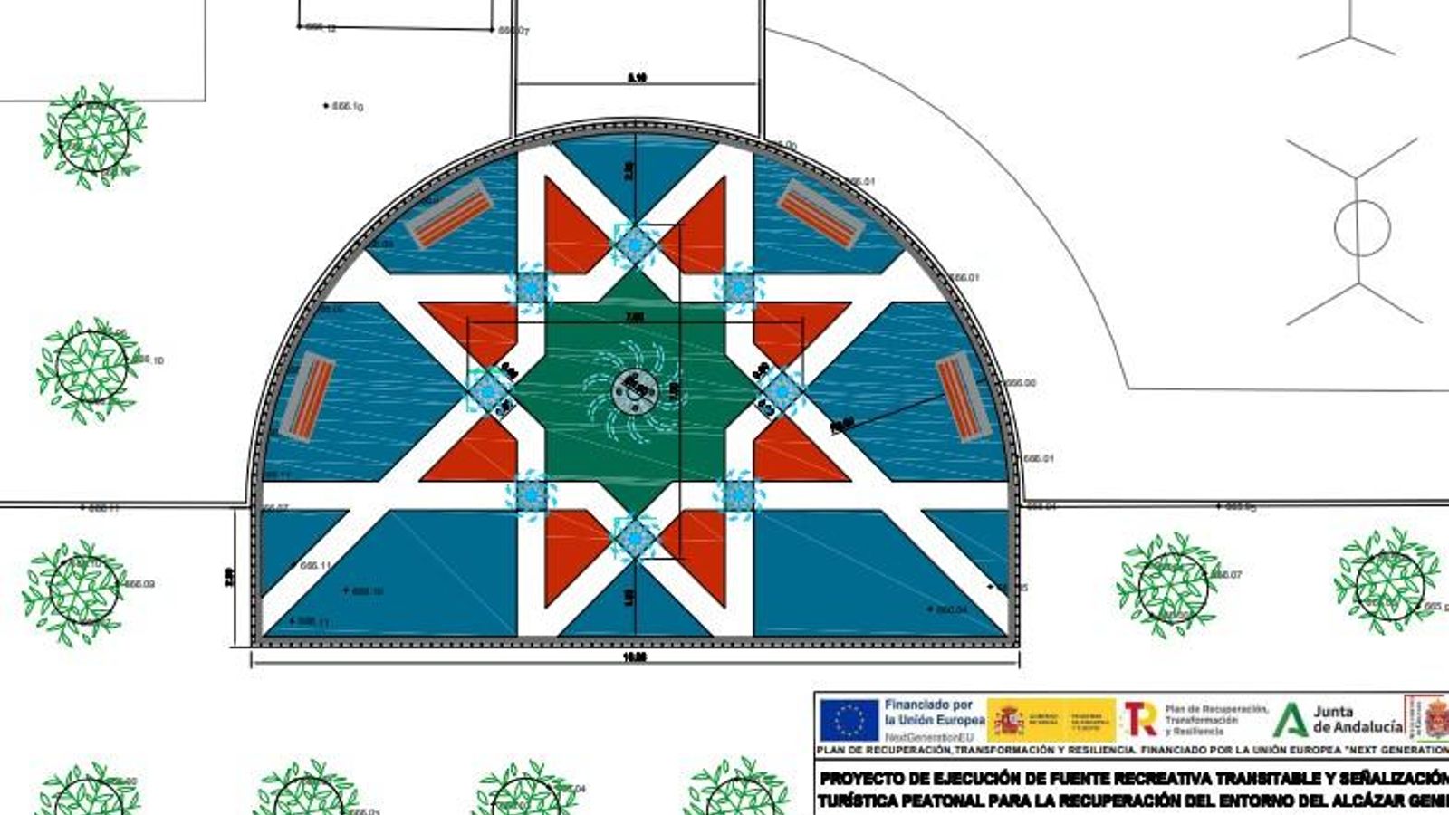 Aspecto que tendrá la fuente, con azulejería, los chorros y bancos.