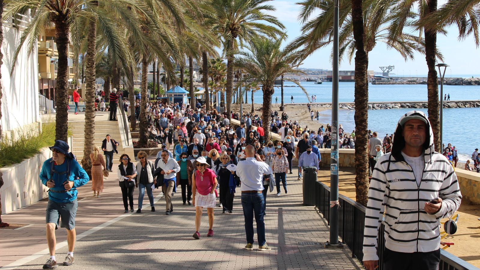 Vista de la marcha transcurriendo por el paseo marítimo de Marbella.