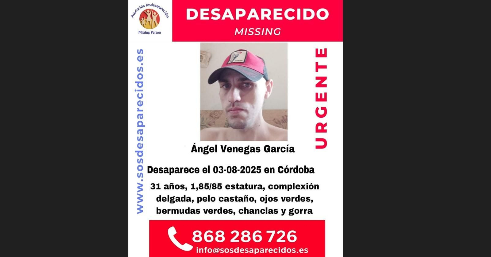 Cartel de alerta por la desaparición de Ángel Venegas en Córdoba.